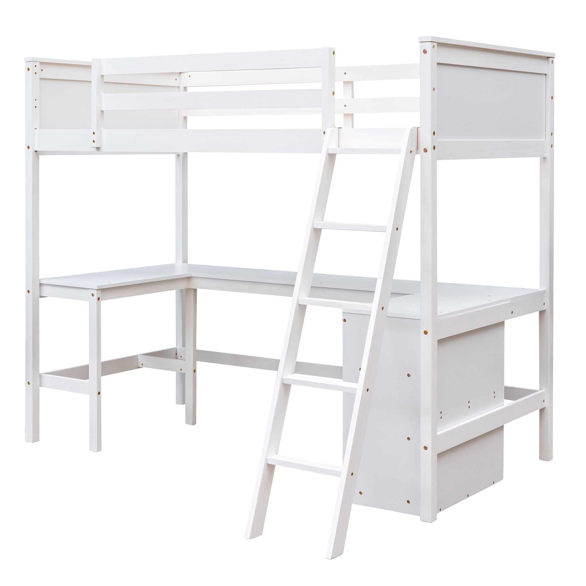 Twin size Loft Bed with Shelves and Desk; Wooden Loft Bed with Desk