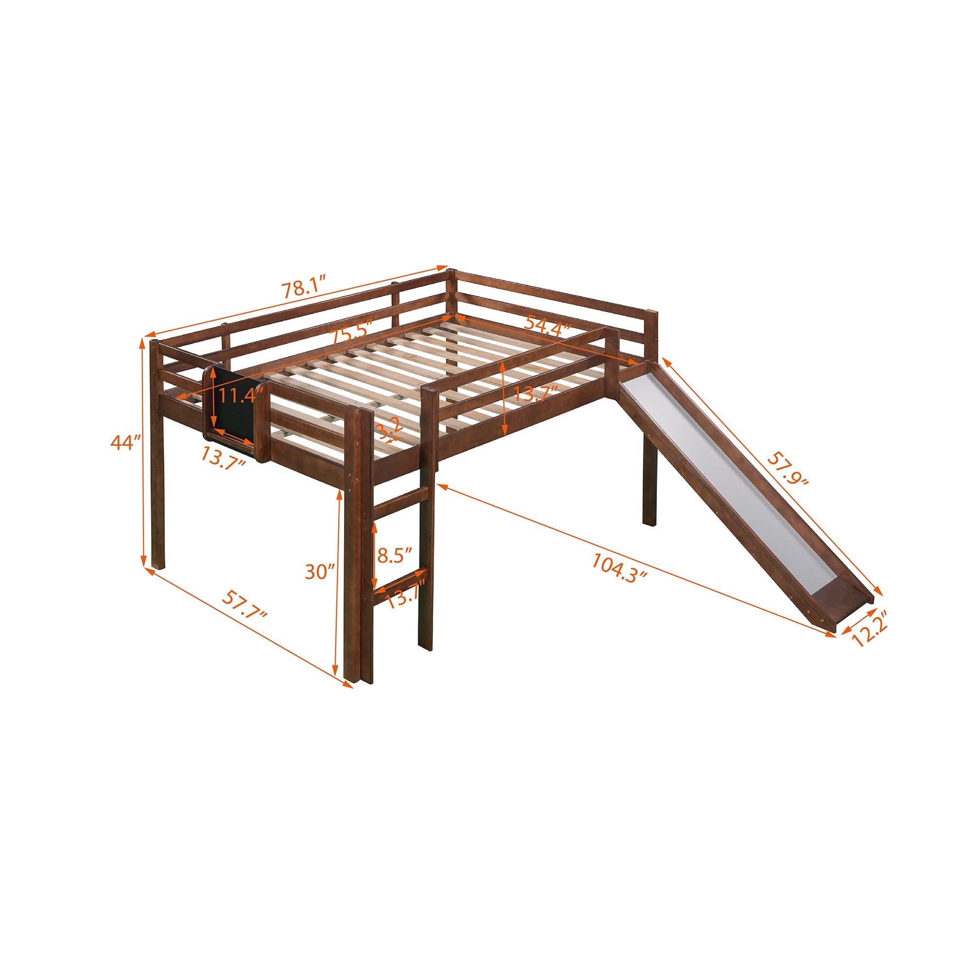 Full size Loft Bed Wood Bed with Slide; Stair and Chalkboard