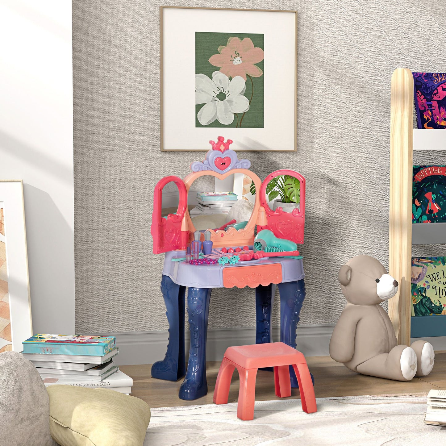 Qaba Kids Vanity Set with Mirror and Stool, Toddler Makeup Table with Music, Light, Drawer, Hair Dryer, 20 Makeup Accessories, Girls Vanity for Ages 3-6, Multicolor