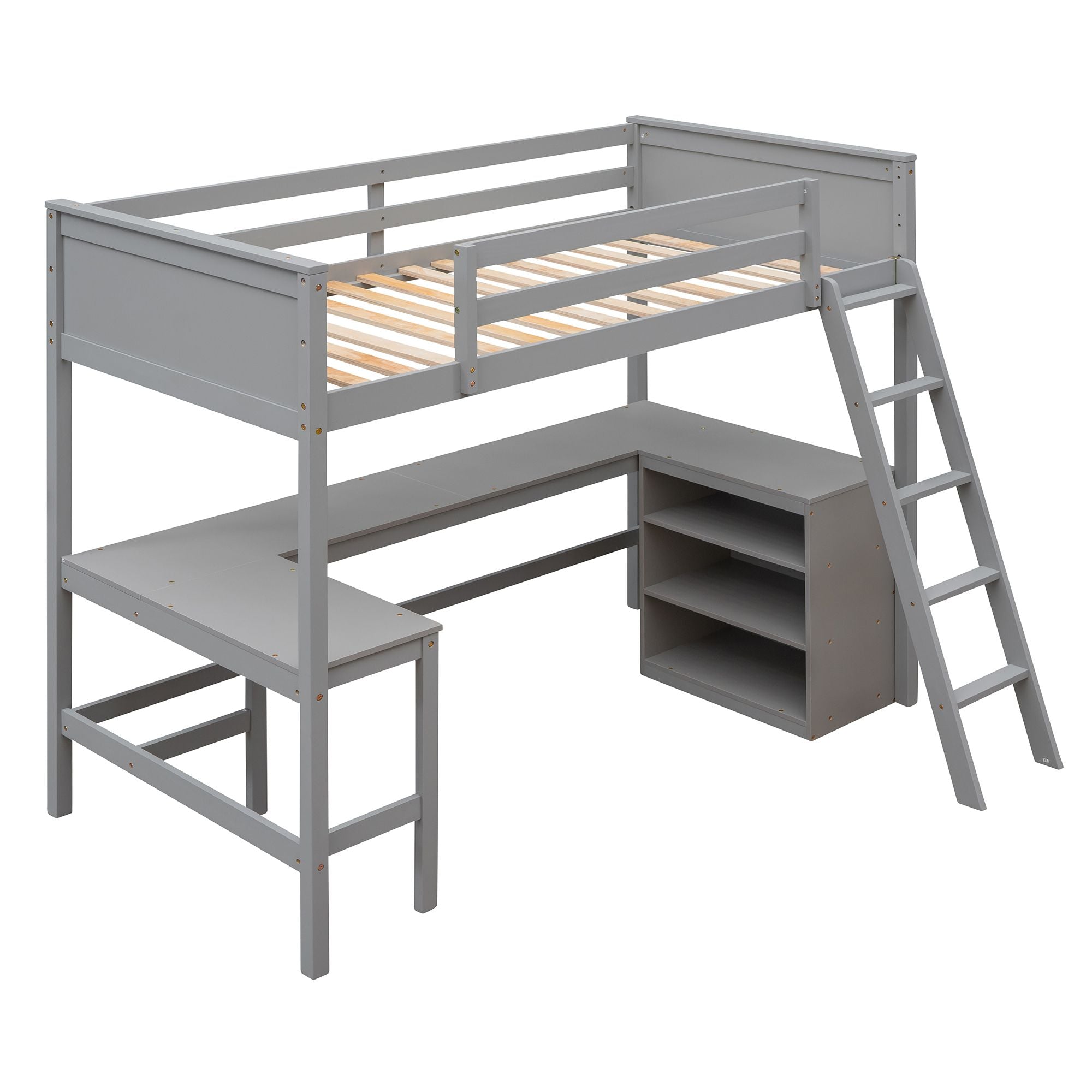 Twin size Loft Bed with Shelves and Desk; Wooden Loft Bed with Desk