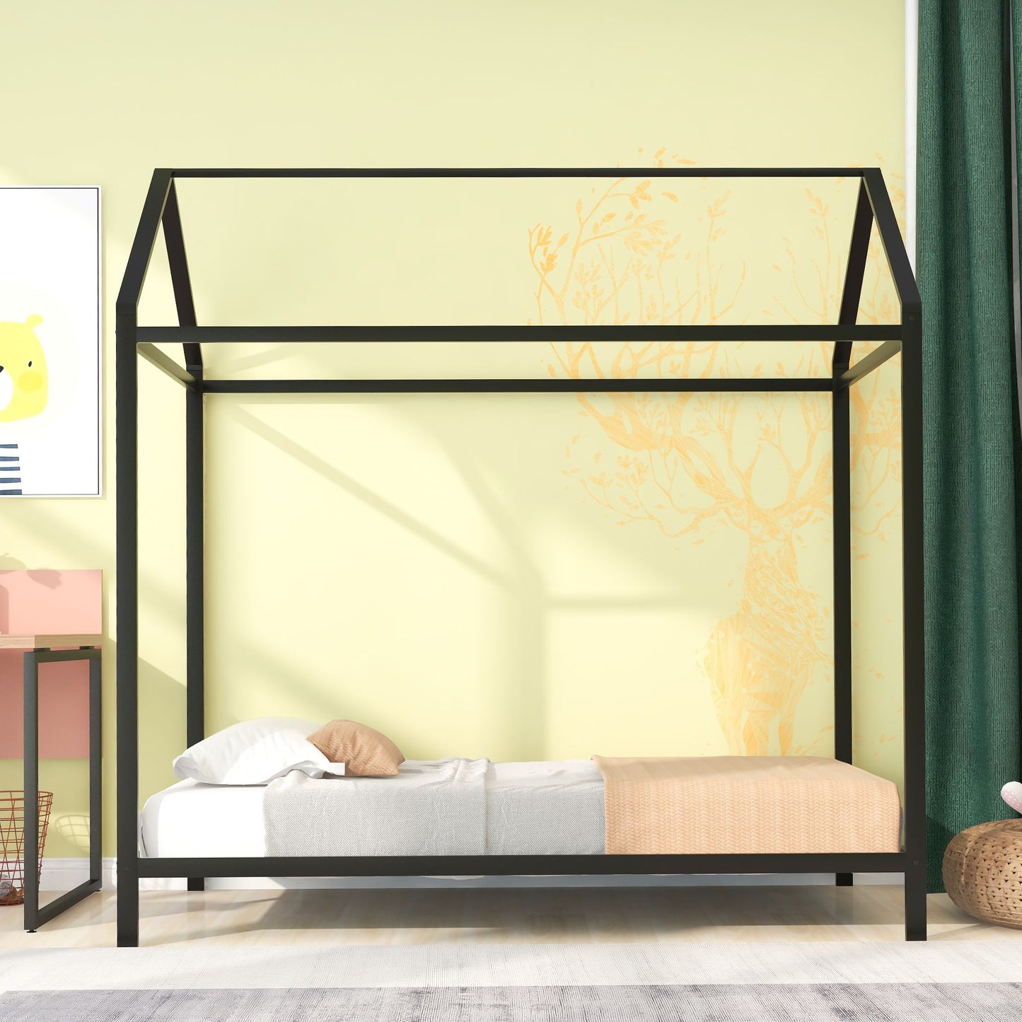 House Bed Frame Twin Size ; Kids Bed Frame Metal Platform Bed Floor Bed for Kids Boys Girls No Box Spring Needed