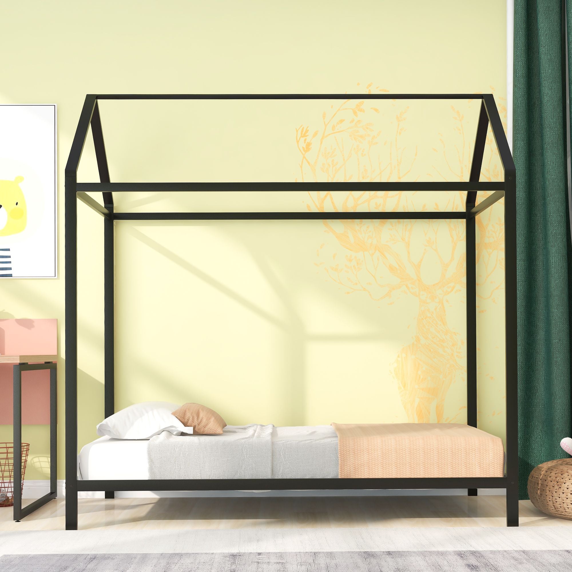House Bed Frame Twin Size ; Kids Bed Frame Metal Platform Bed Floor Bed for Kids Boys Girls No Box Spring Needed