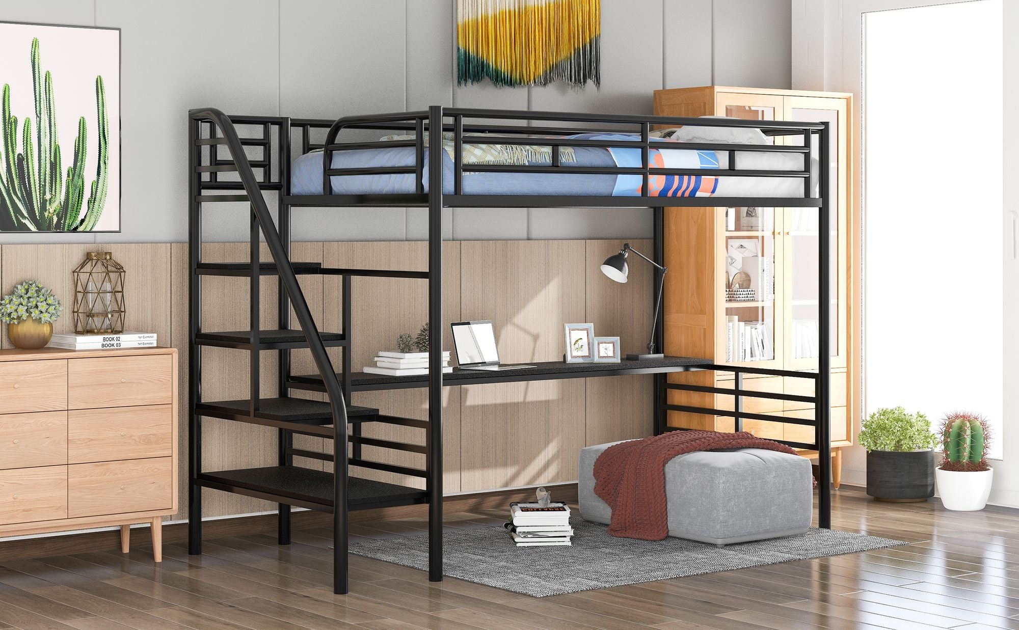 Metal Loft Bed Frame with Desk; No Box Spring Needed; Twin