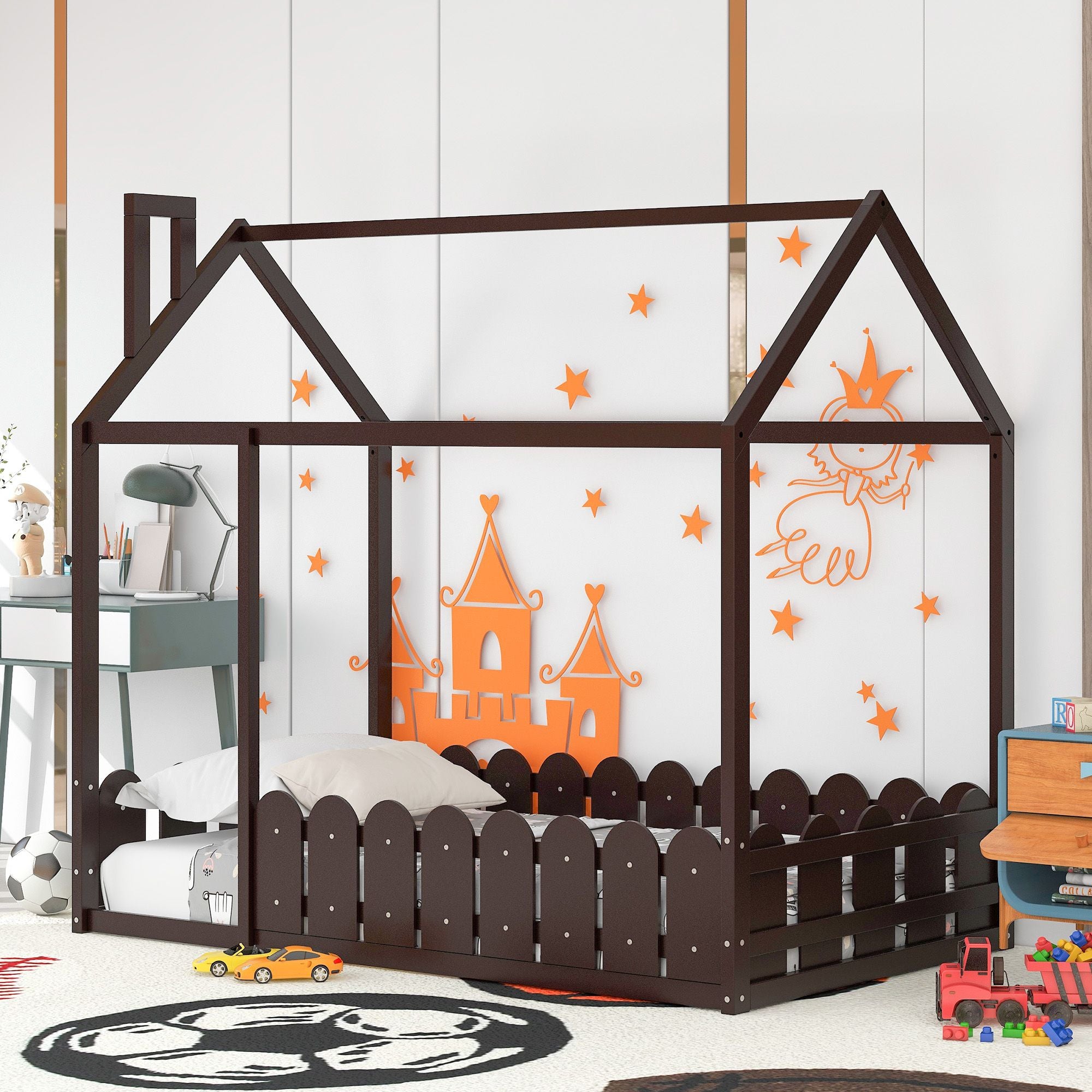 (Slats are not included) Twin Size Wood Bed House Bed Frame with Fence; for Kids; Teens; Girls; Boys