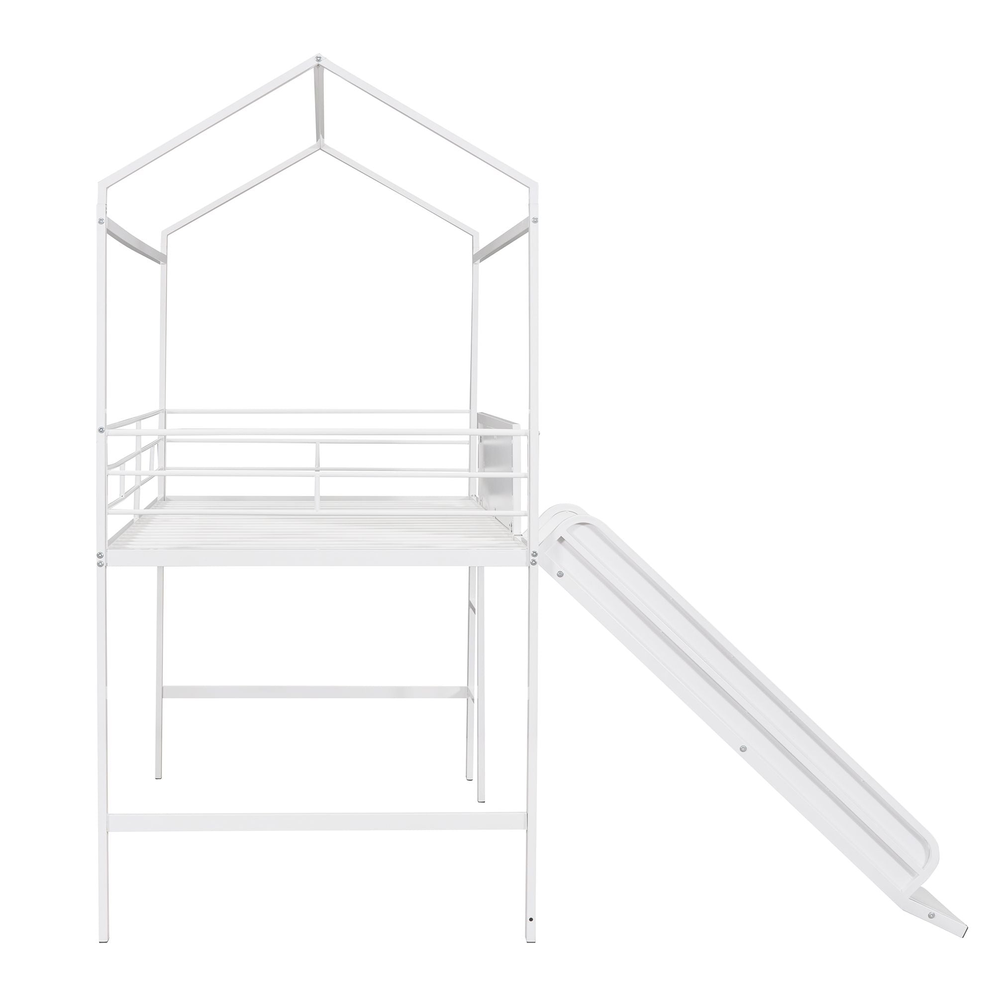 Metal House Bed With Slide; Twin Size Metal Loft Bed with Two-sided writable Wooden Board