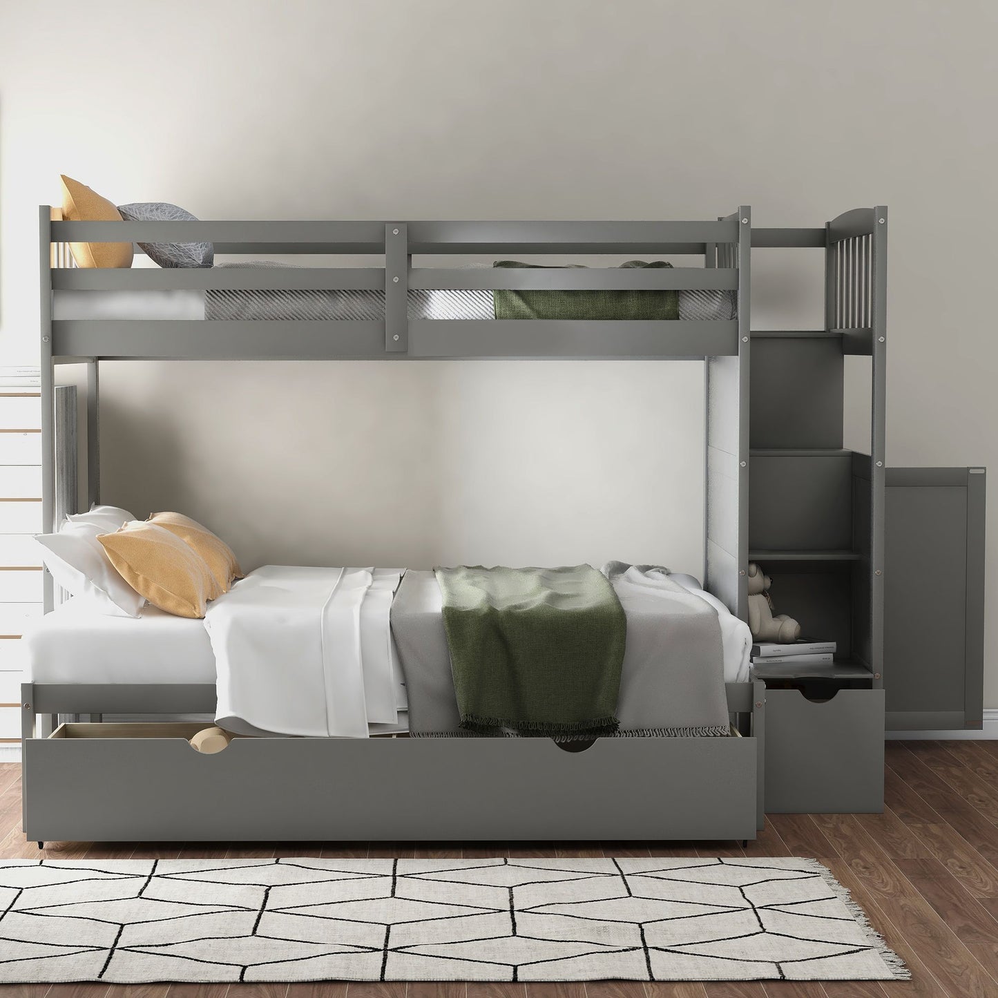 Twin over Full/Twin Bunk Bed; Convertible Bottom Bed; Storage Shelves and Drawers; Gray