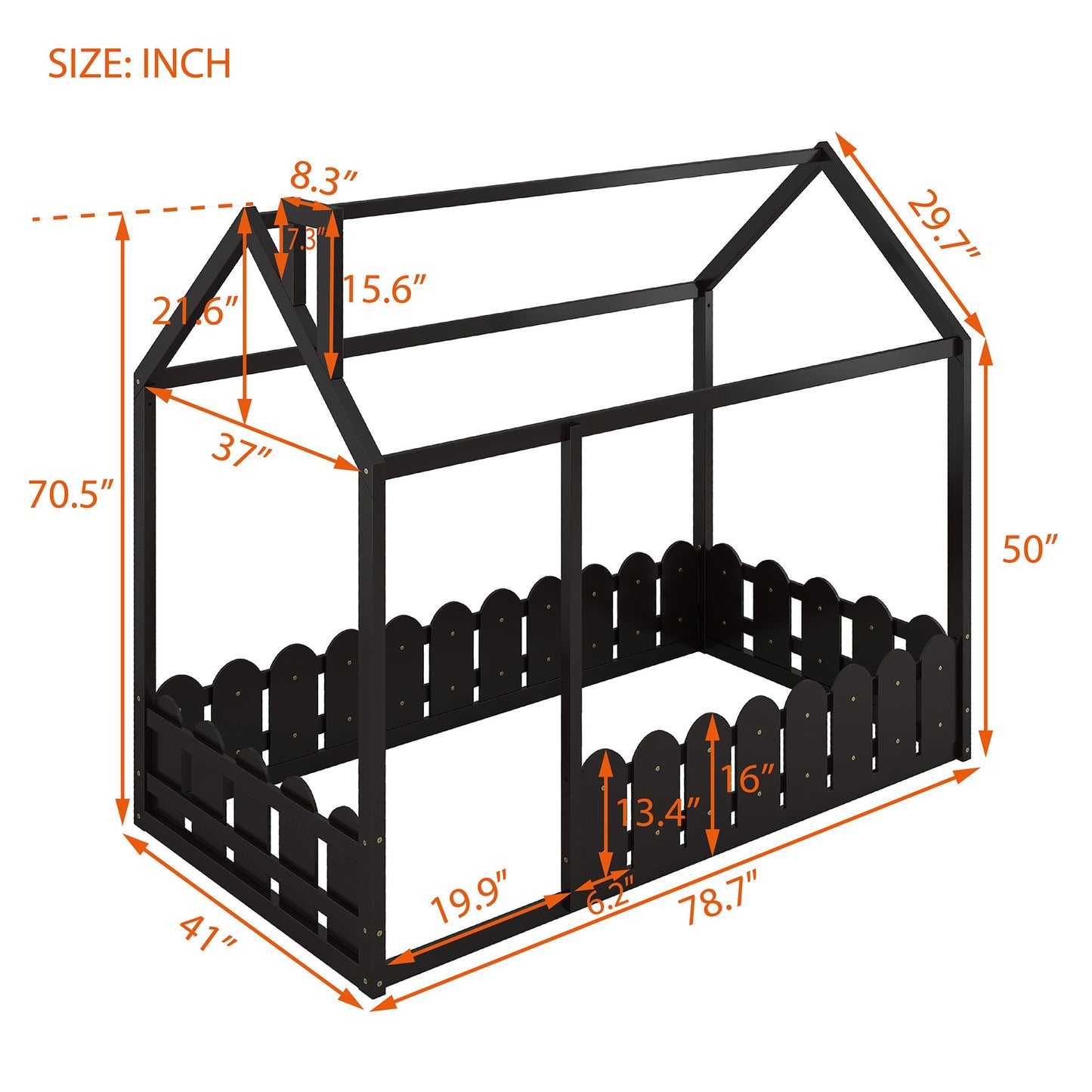 (Slats are not included) Twin Size Wood Bed House Bed Frame with Fence; for Kids; Teens; Girls; Boys
