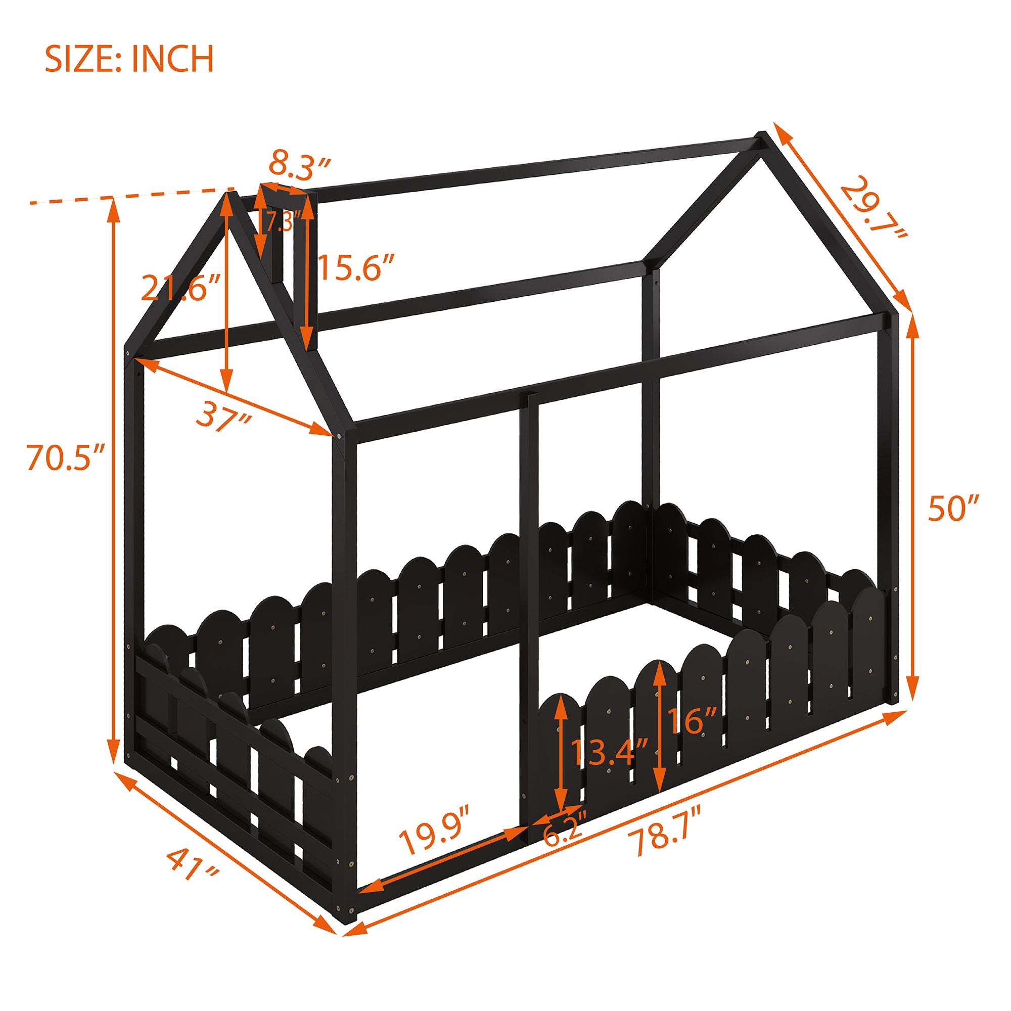(Slats are not included) Twin Size Wood Bed House Bed Frame with Fence; for Kids; Teens; Girls; Boys