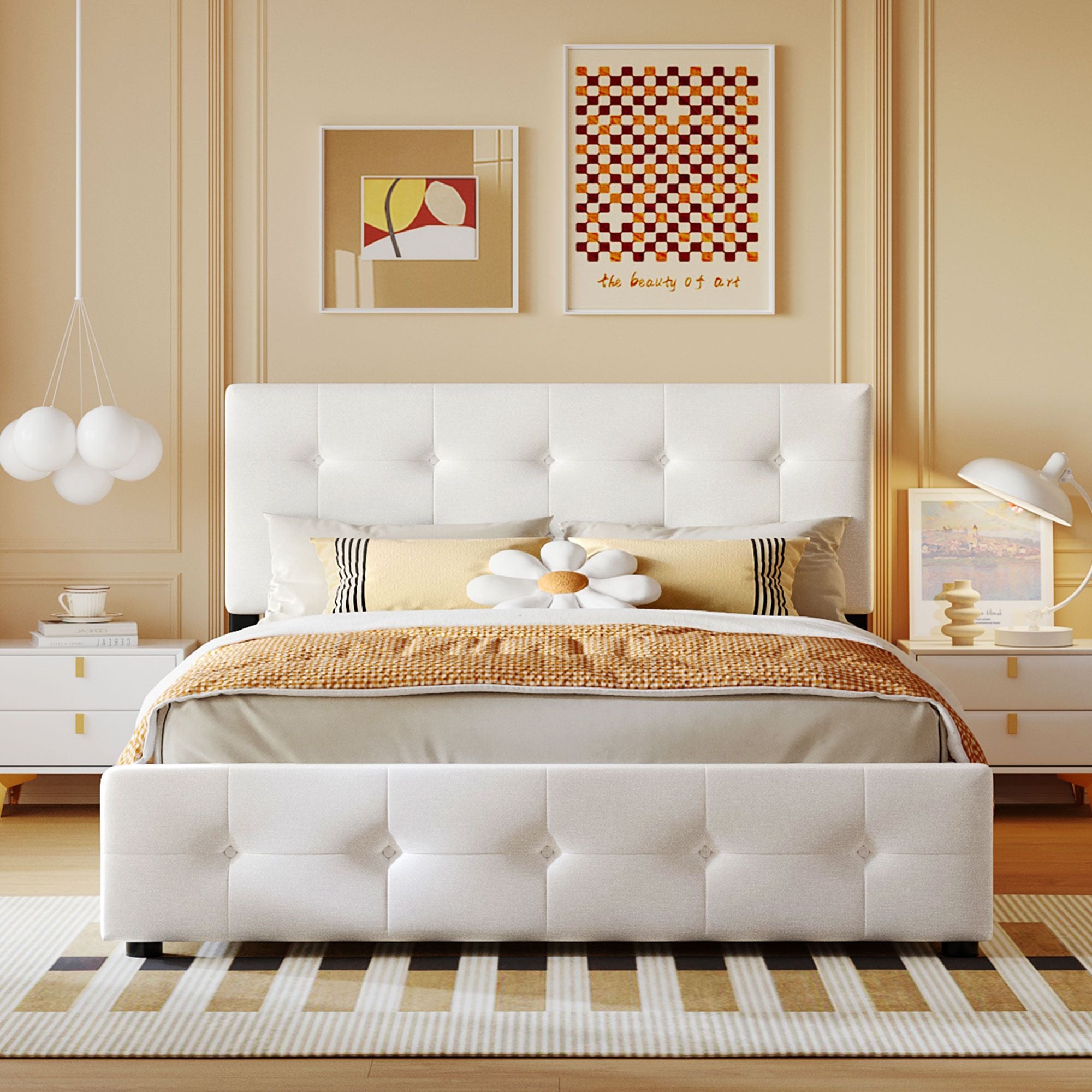 Upholstered Platform Bed with Classic Headboard and 4 Drawers; No Box Spring Needed; Linen Fabric; Queen Size