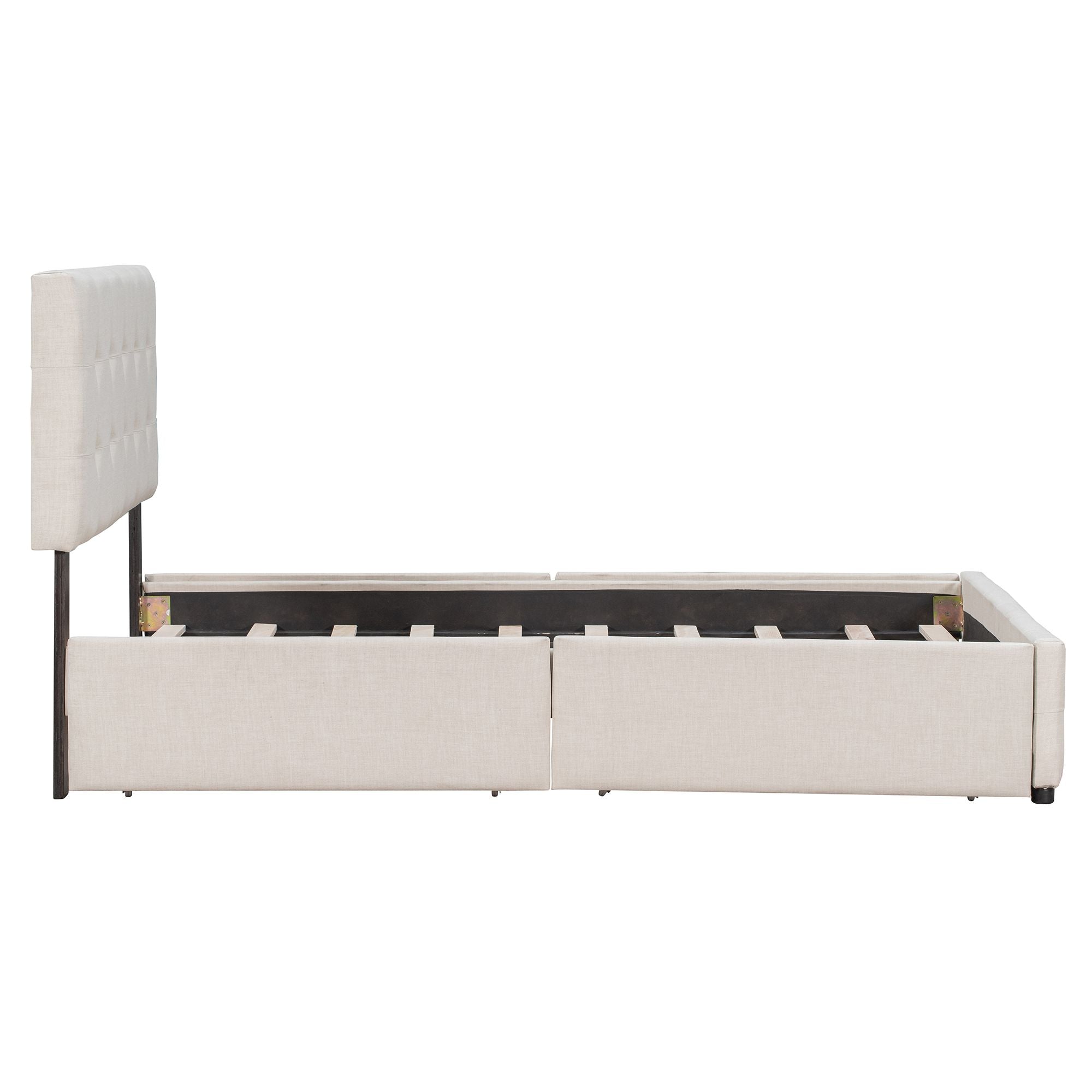Upholstered Platform Bed with Classic Headboard and 4 Drawers; No Box Spring Needed; Linen Fabric; Queen Size