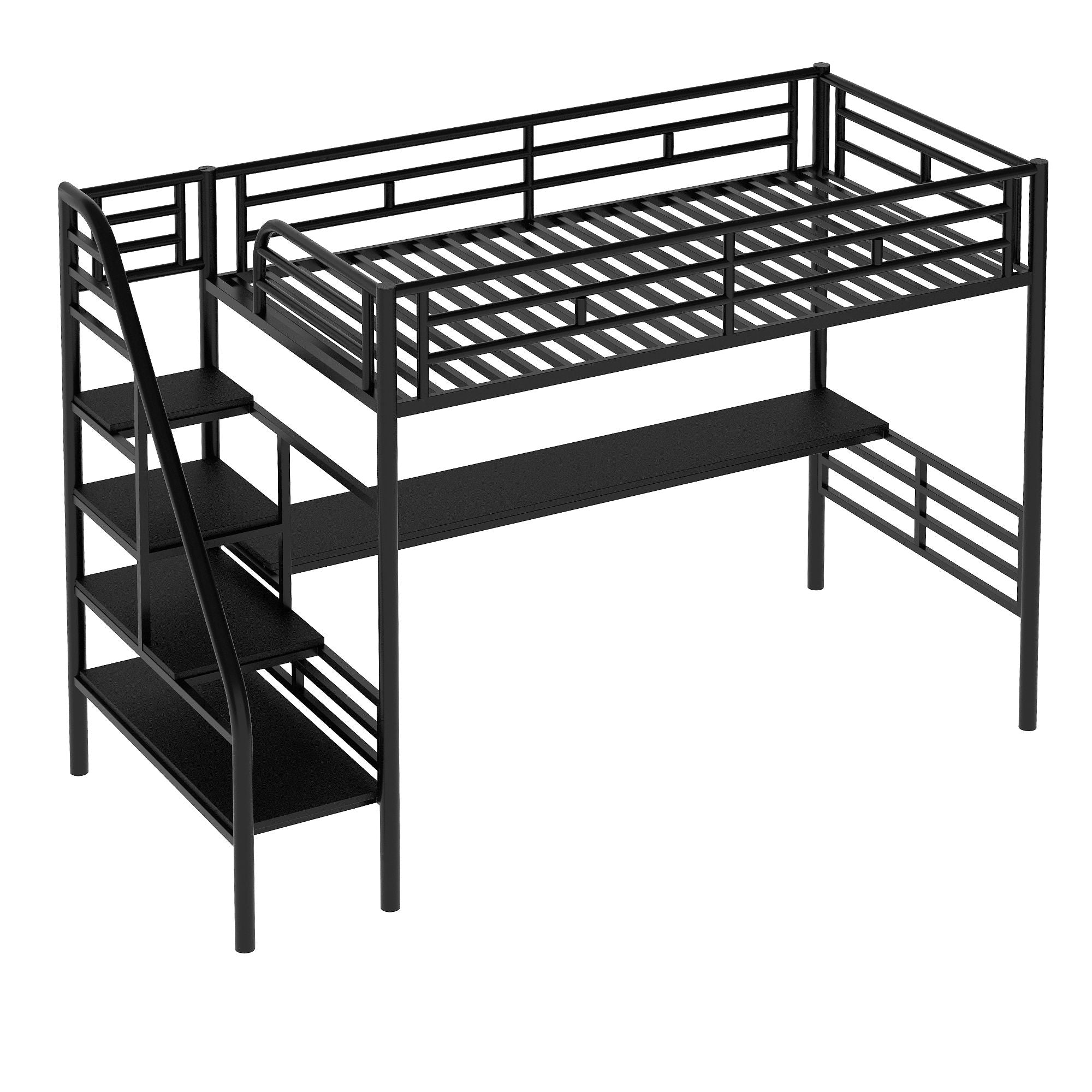 Metal Loft Bed Frame with Desk; No Box Spring Needed; Twin