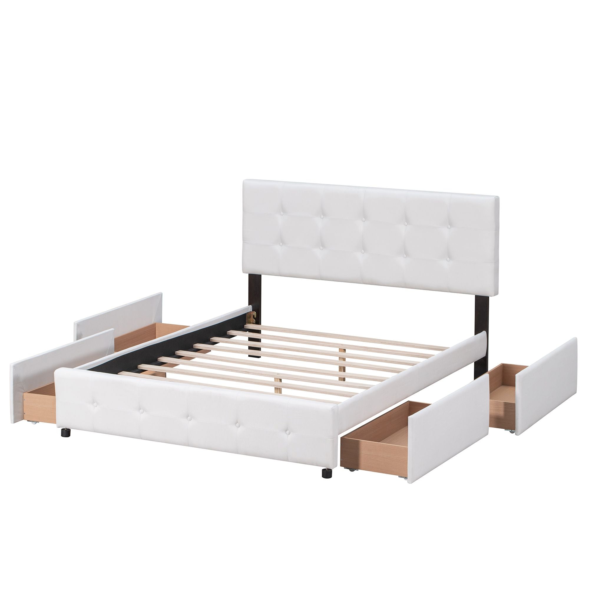 Upholstered Platform Bed with Classic Headboard and 4 Drawers; No Box Spring Needed; Linen Fabric; Queen Size