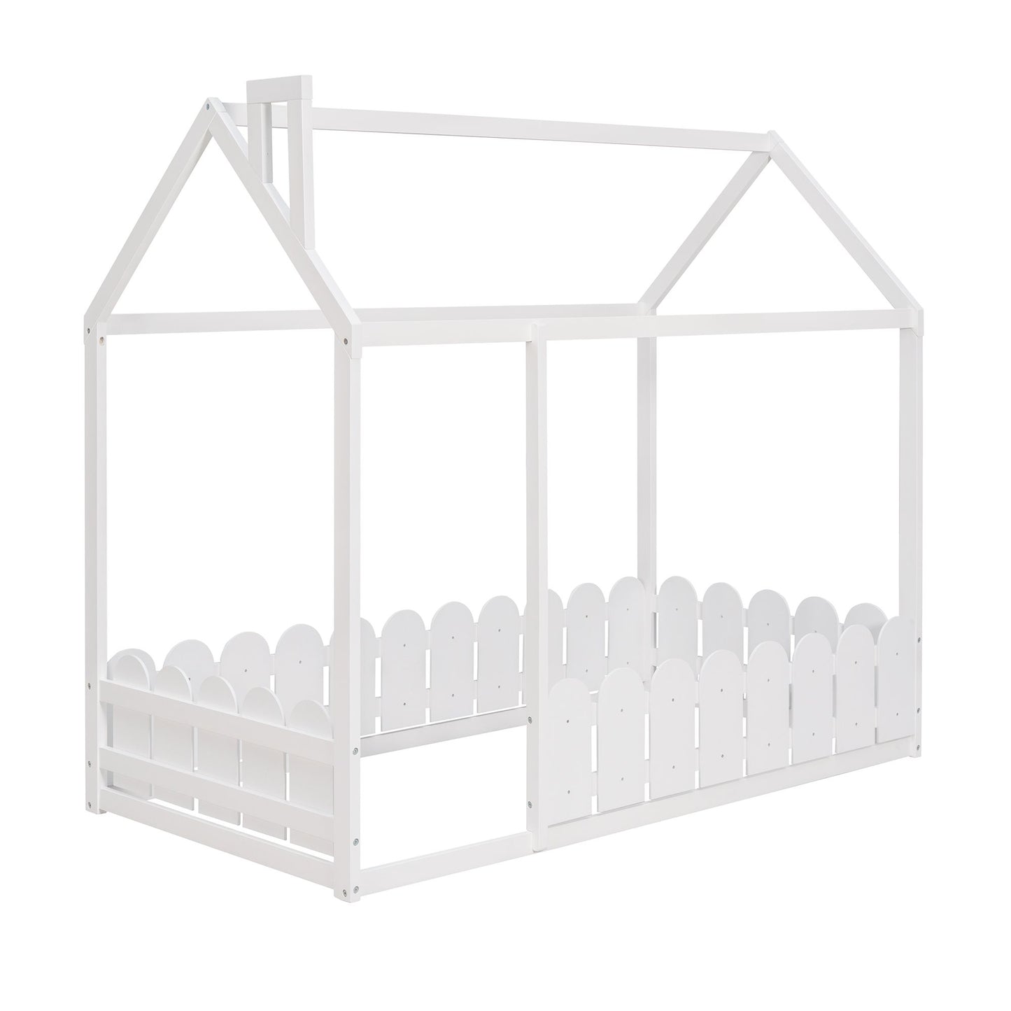 (Slats are not included) Twin Size Wood Bed House Bed Frame with Fence; for Kids; Teens; Girls; Boys