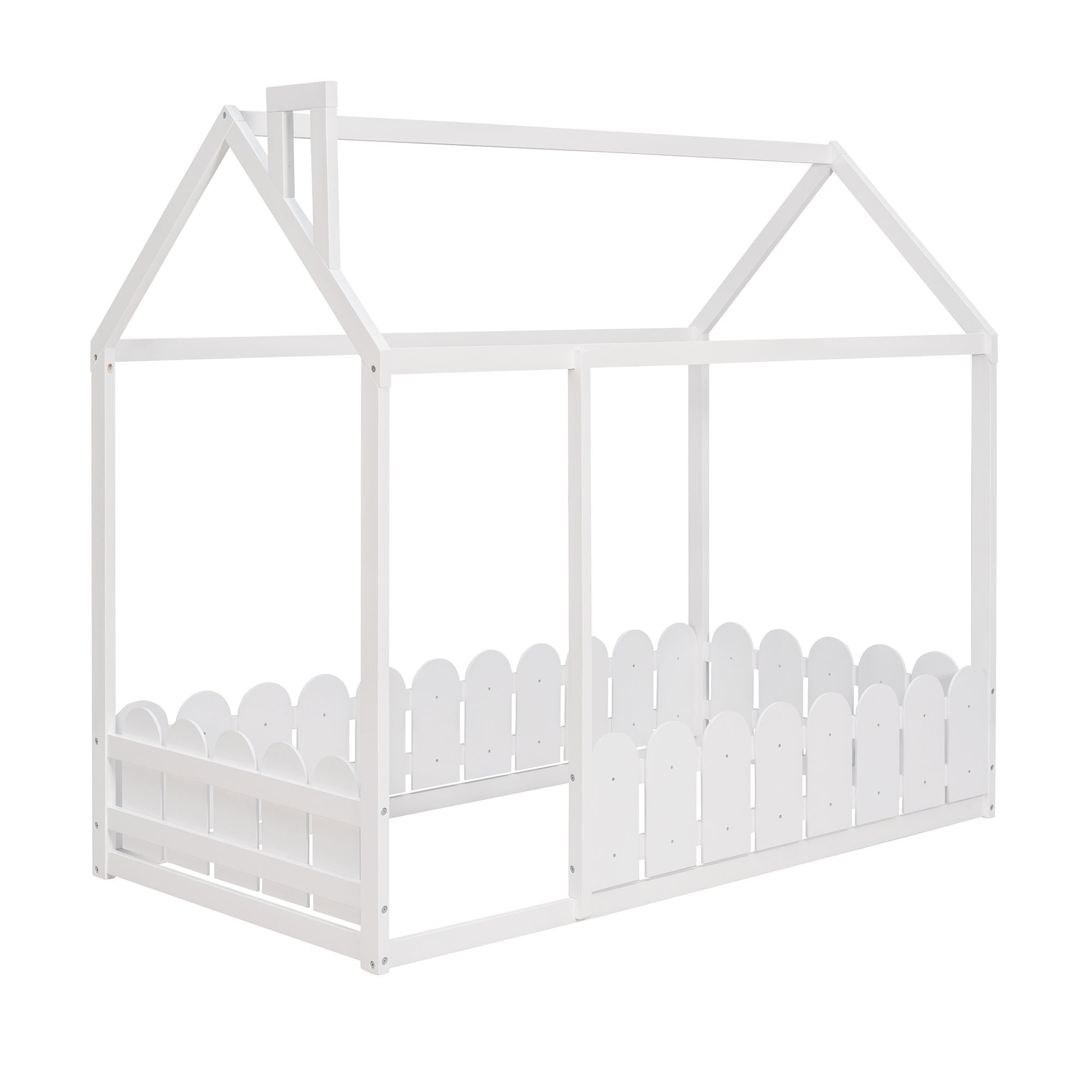 (Slats are not included) Twin Size Wood Bed House Bed Frame with Fence; for Kids; Teens; Girls; Boys