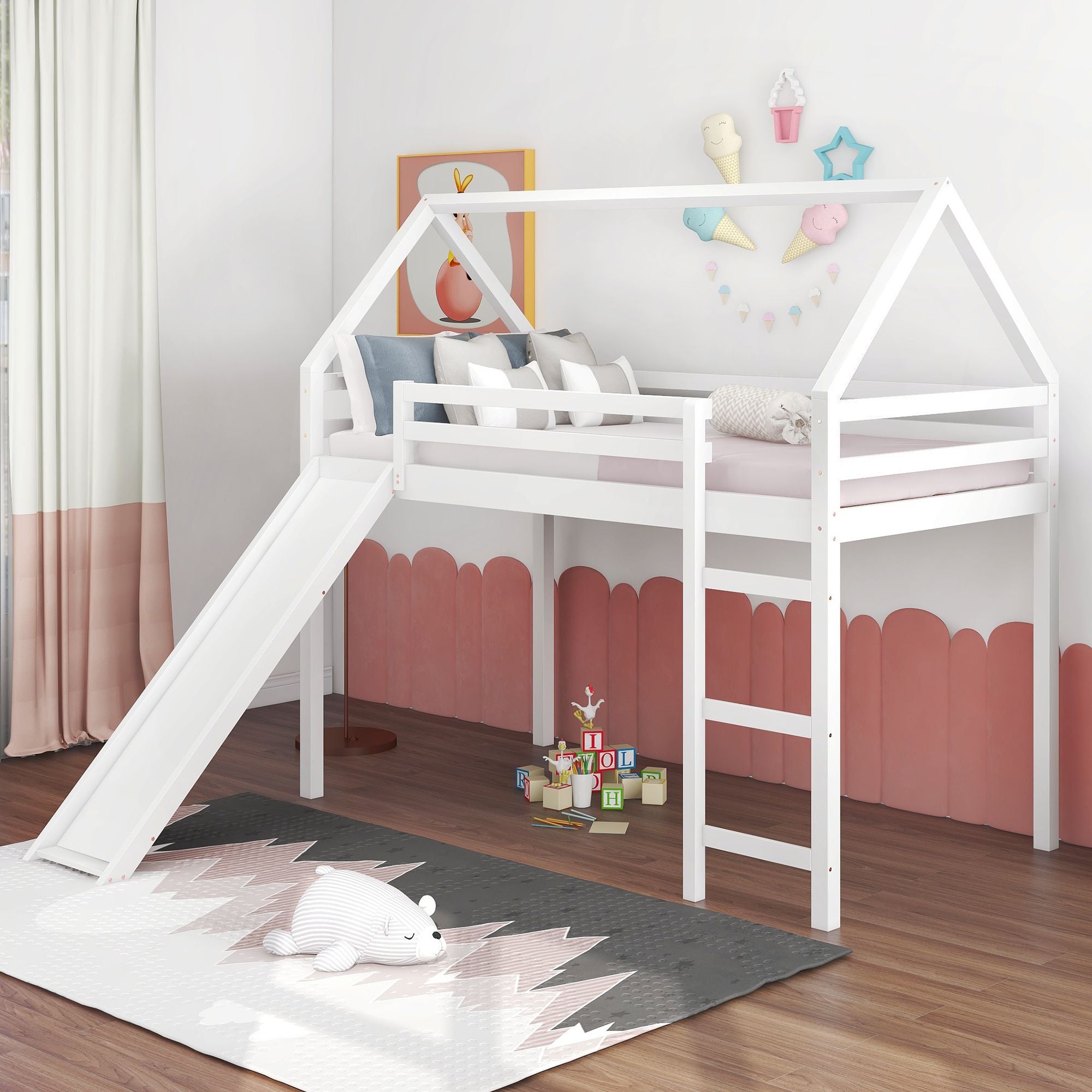 Twin Size Loft Bed with Slide; House Bed with Slide