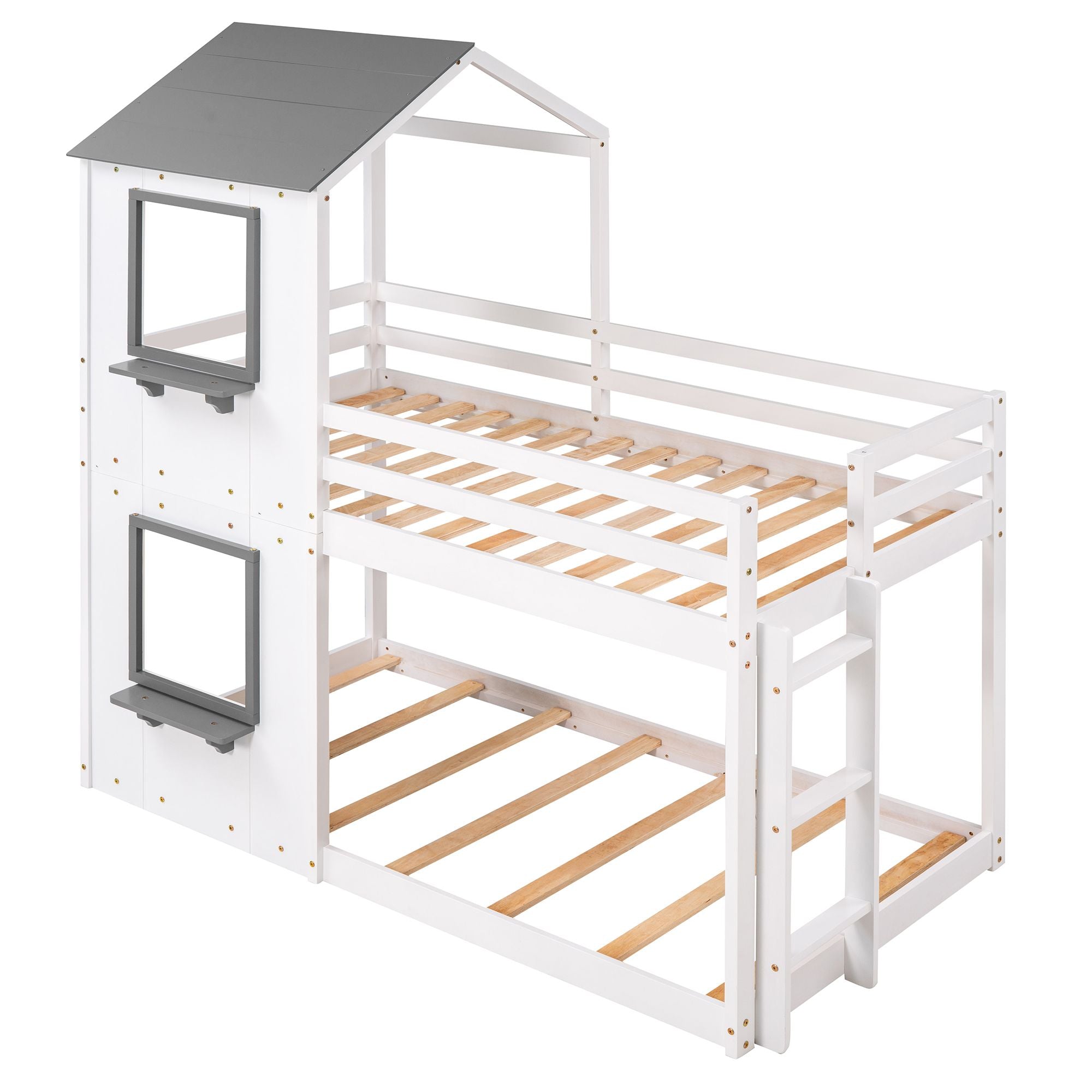 Twin Over Twin Bunk Bed Wood Bed with Roof; Window; Guardrail; Ladder