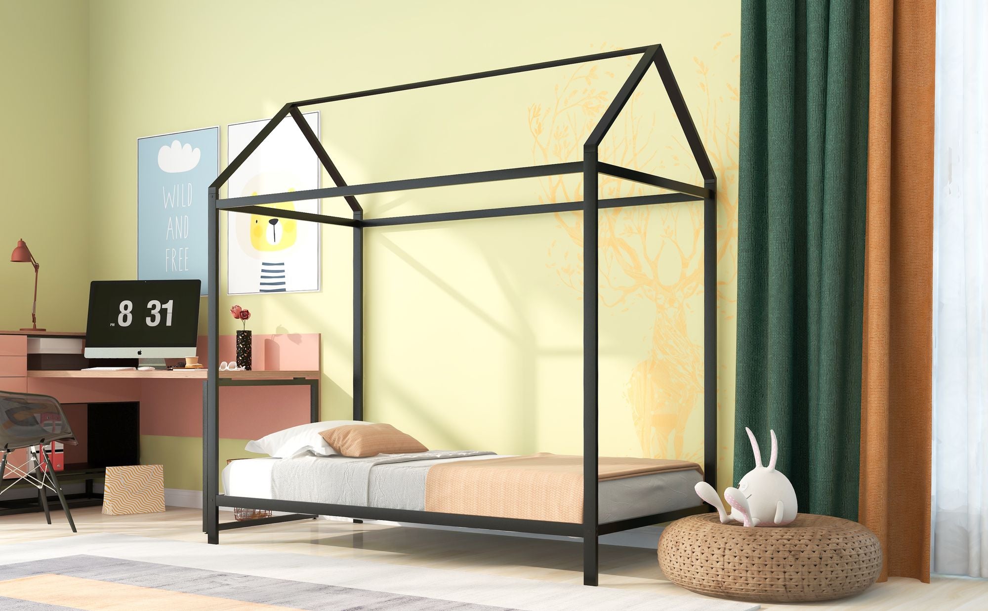 House Bed Frame Twin Size ; Kids Bed Frame Metal Platform Bed Floor Bed for Kids Boys Girls No Box Spring Needed