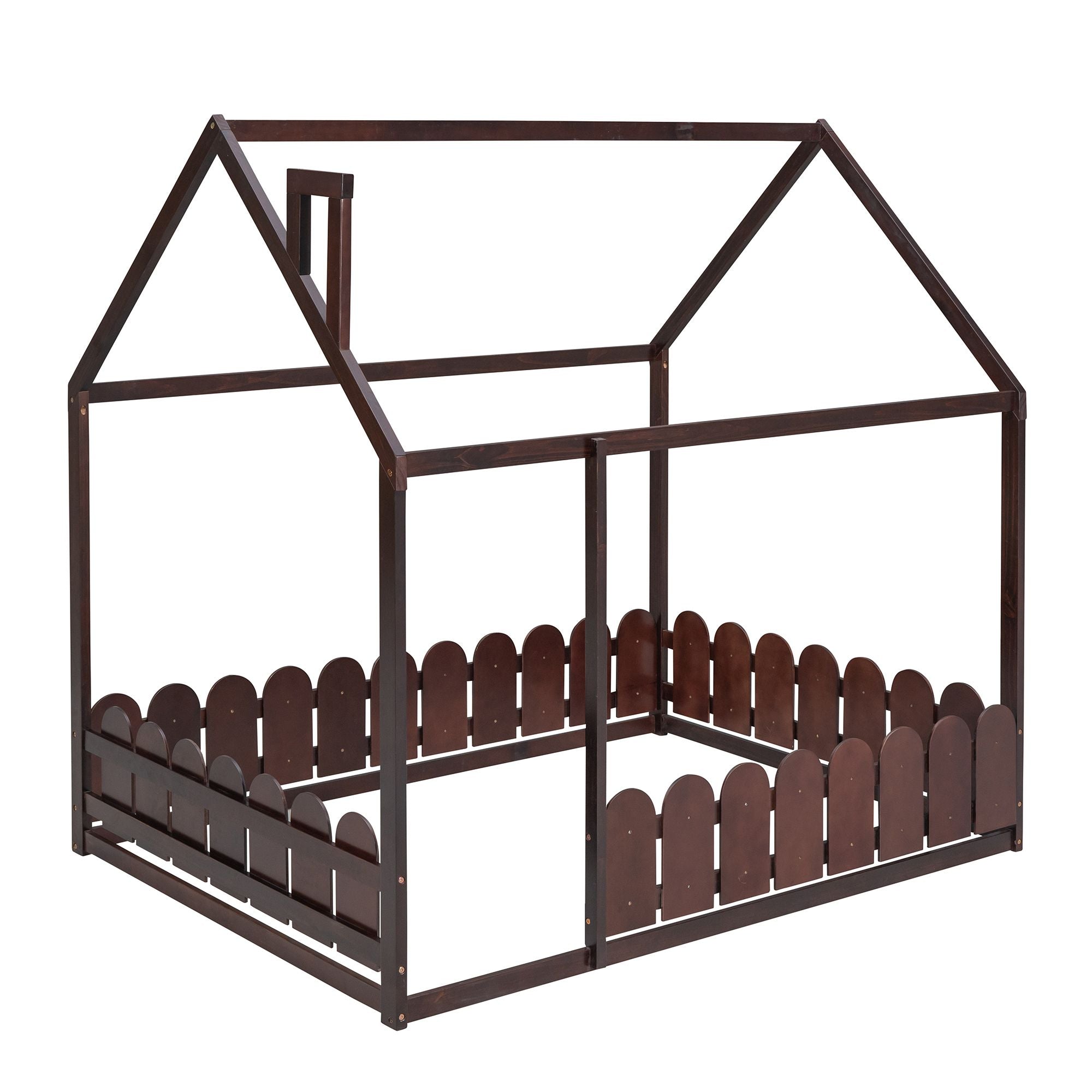 (Slats are not included) Full Size Wood Bed House Bed Frame with Fence; for Kids; Teens; Girls; Boys