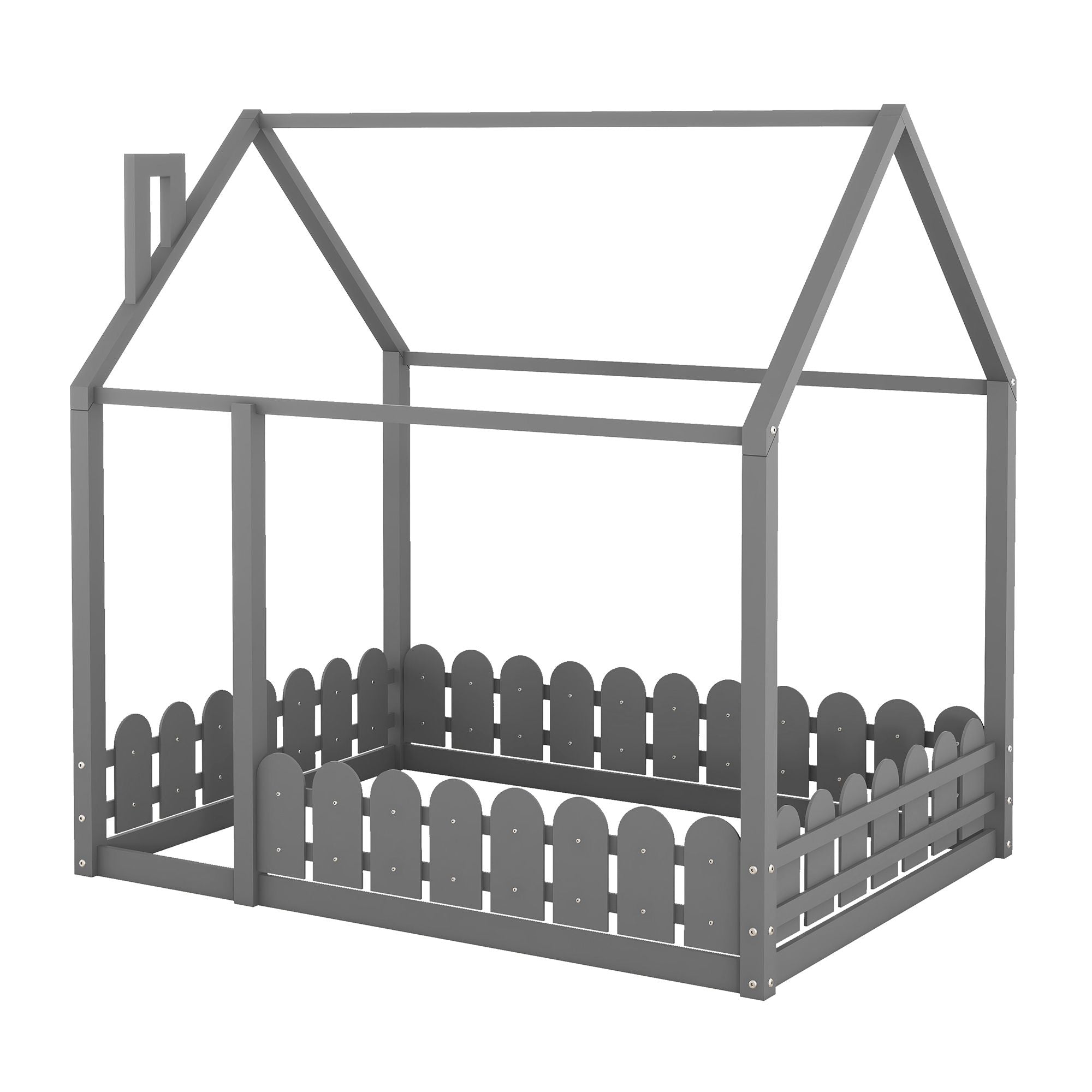 (Slats are not included) Full Size Wood Bed House Bed Frame with Fence; for Kids; Teens; Girls; Boys