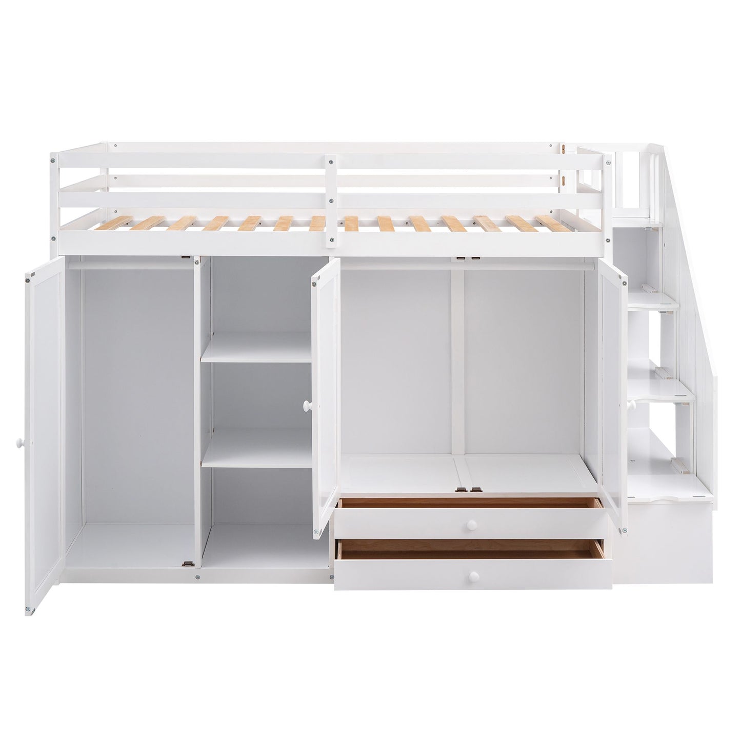 Functional Loft Bed with 3 Shelves; 2 Wardrobes and 2 Drawers; Ladder with Storage; No Box Spring Needed