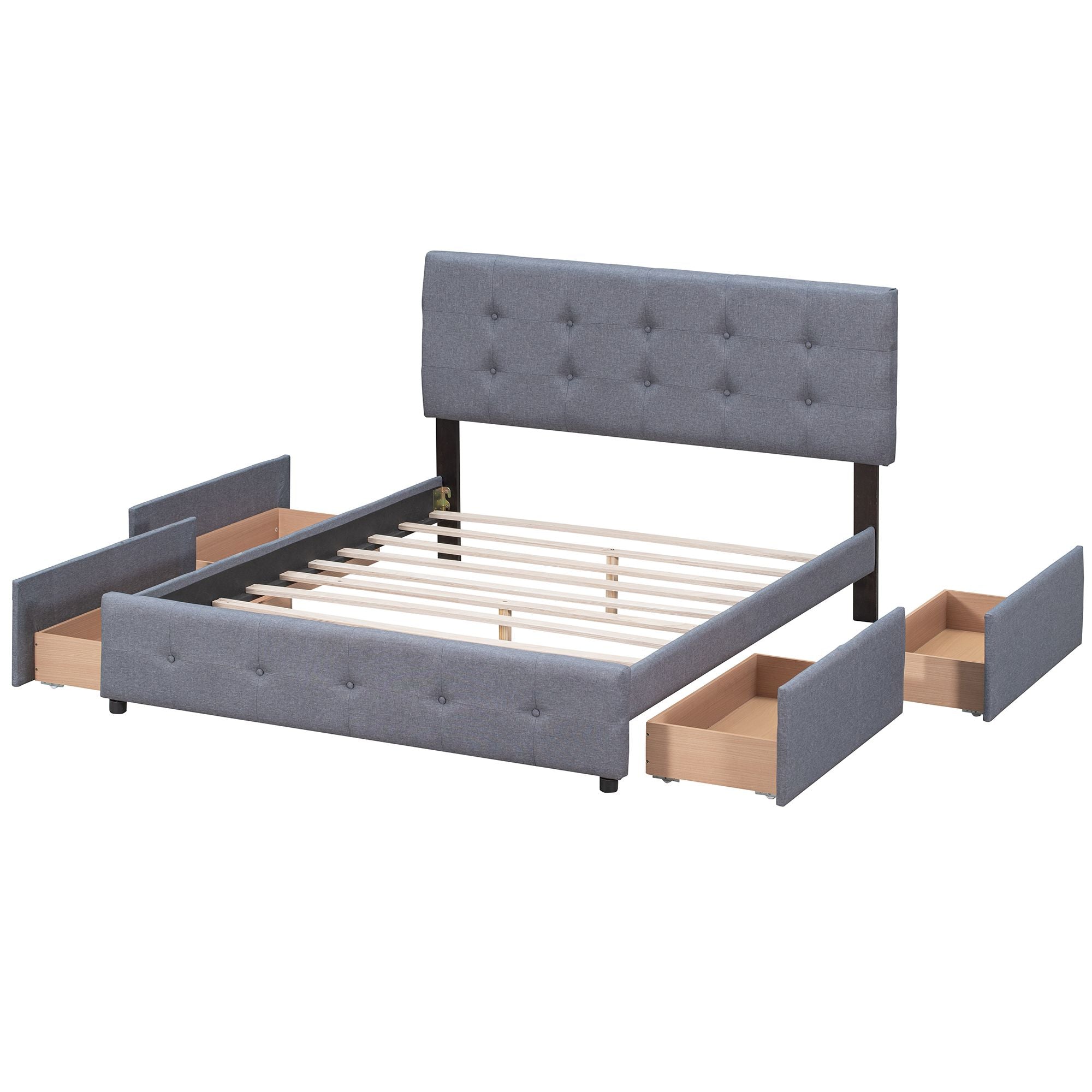 Upholstered Platform Bed with Classic Headboard and 4 Drawers; No Box Spring Needed; Linen Fabric; Queen Size