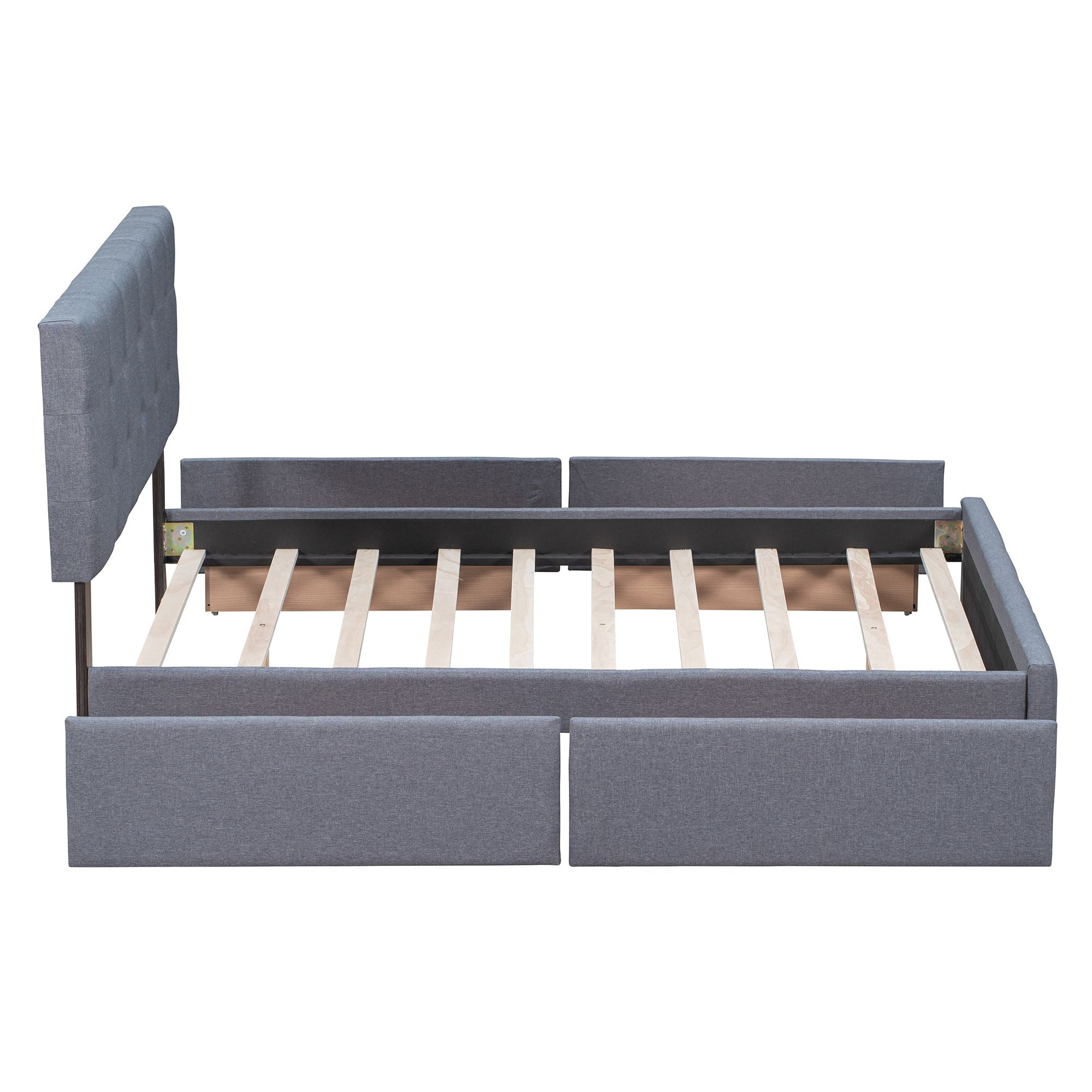 Upholstered Platform Bed with Classic Headboard and 4 Drawers; No Box Spring Needed; Linen Fabric; Queen Size