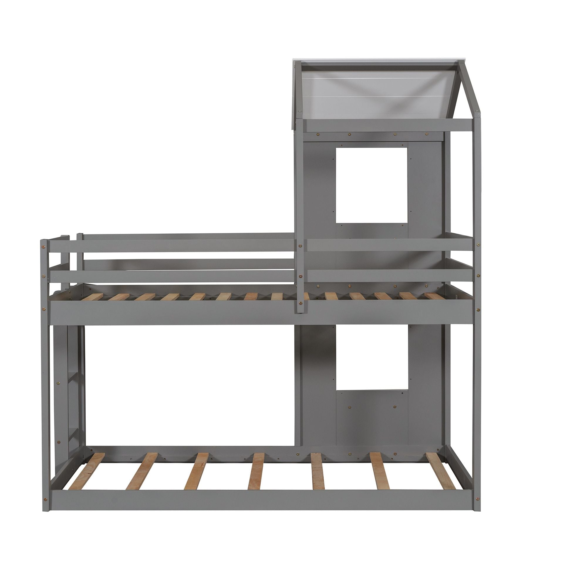 Twin Over Twin Bunk Bed Wood Bed with Roof; Window; Guardrail; Ladder