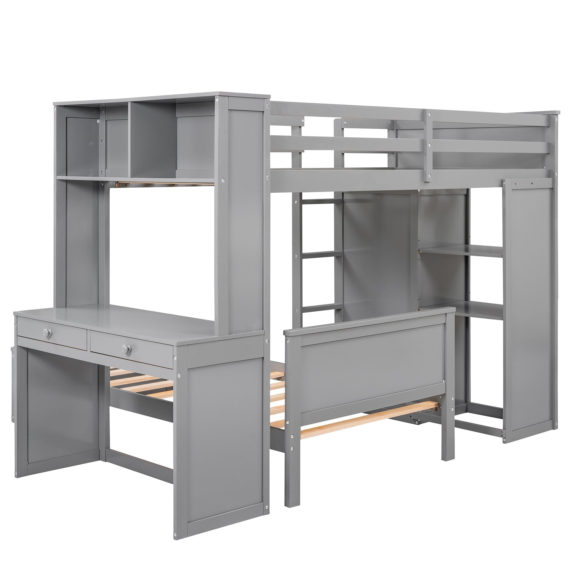 Twin size Loft Bed with a Stand-alone bed; Shelves; Desk; and Wardrobe