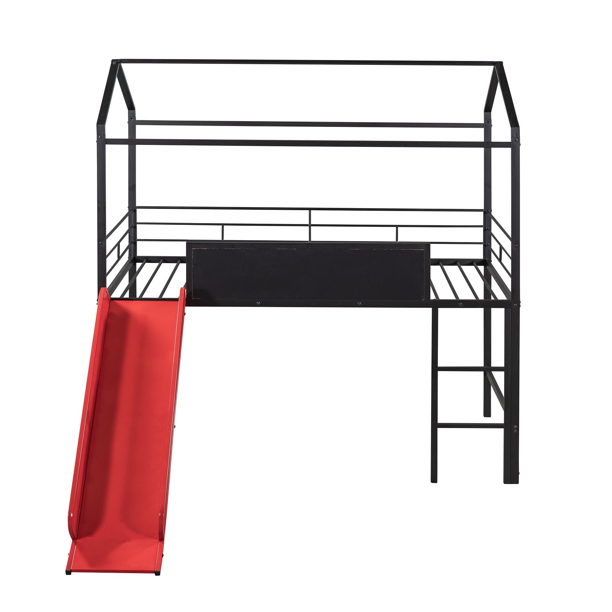 Metal House Bed With Slide; Twin Size Metal Loft Bed with Two-sided writable Wooden Board