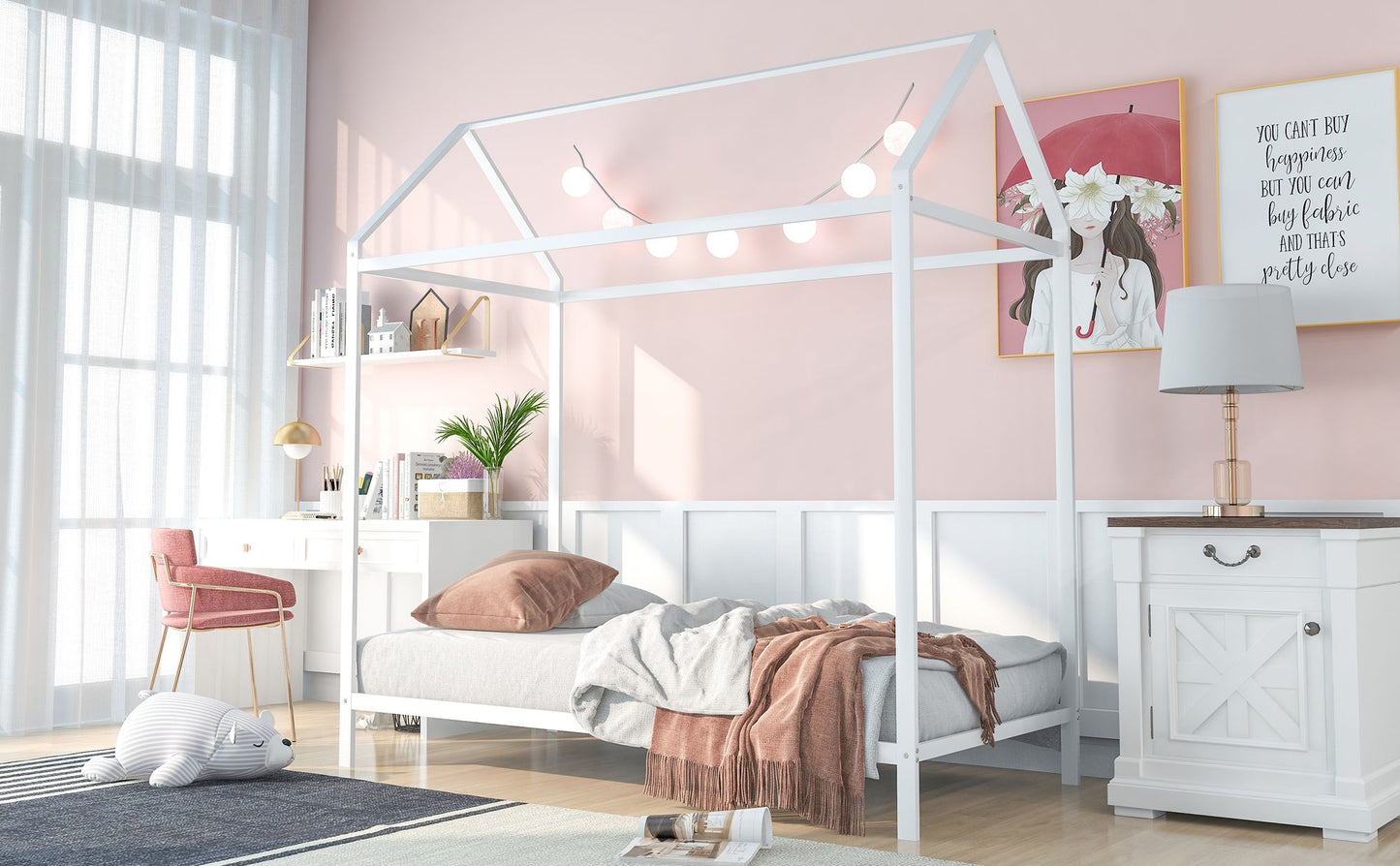House Bed Frame Twin Size ; Kids Bed Frame Metal Platform Bed Floor Bed for Kids Boys Girls No Box Spring Needed