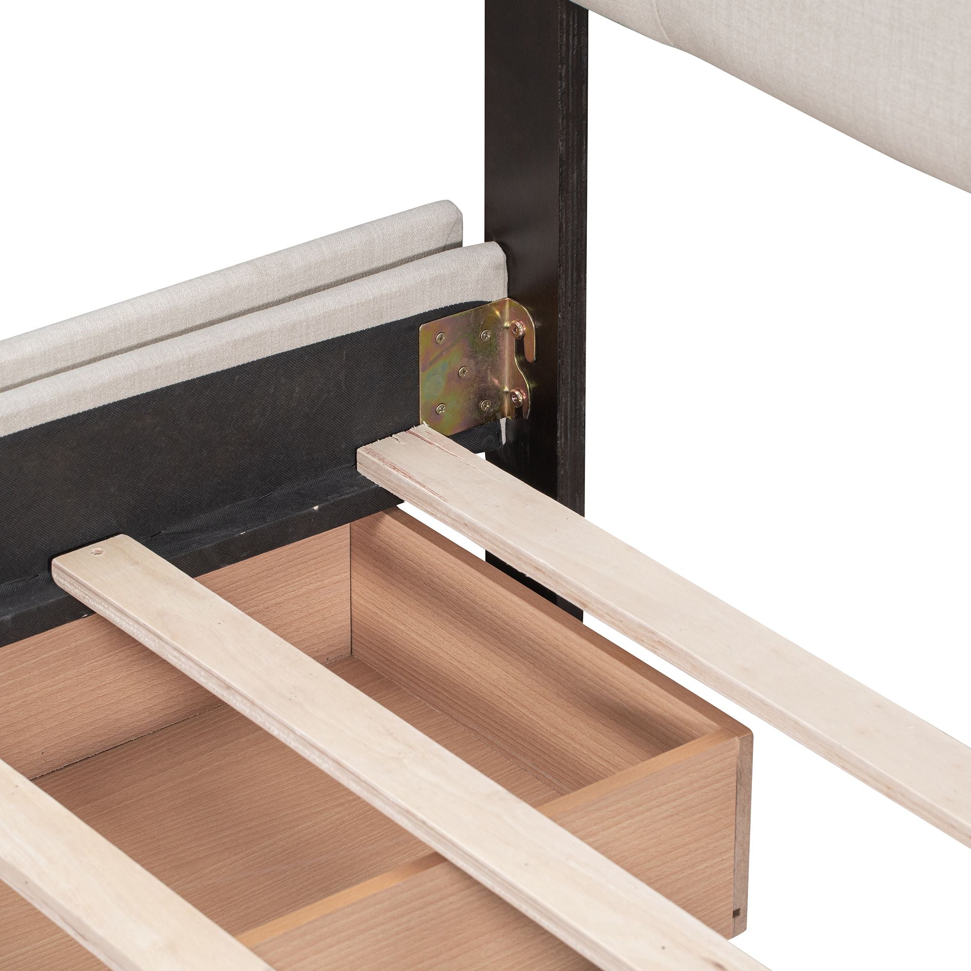 Upholstered Platform Bed with Classic Headboard and 4 Drawers; No Box Spring Needed; Linen Fabric; Queen Size