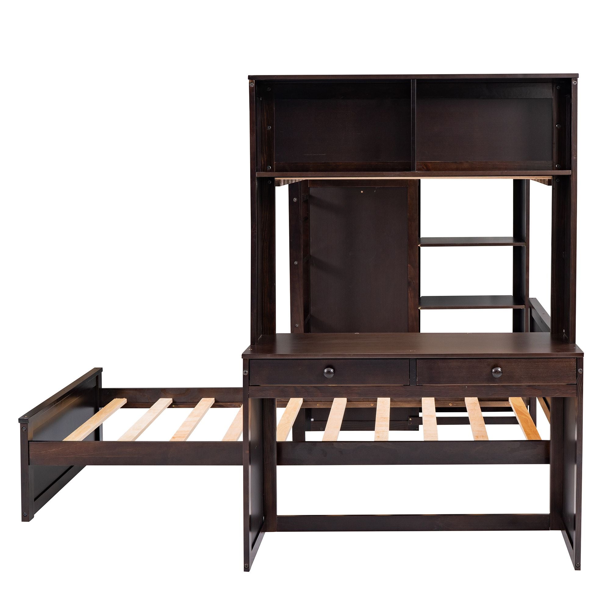 Twin size Loft Bed with a Stand-alone bed; Shelves; Desk; and Wardrobe