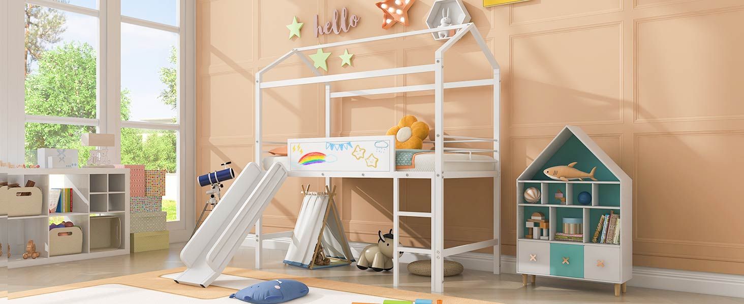 Metal House Bed With Slide; Twin Size Metal Loft Bed with Two-sided writable Wooden Board
