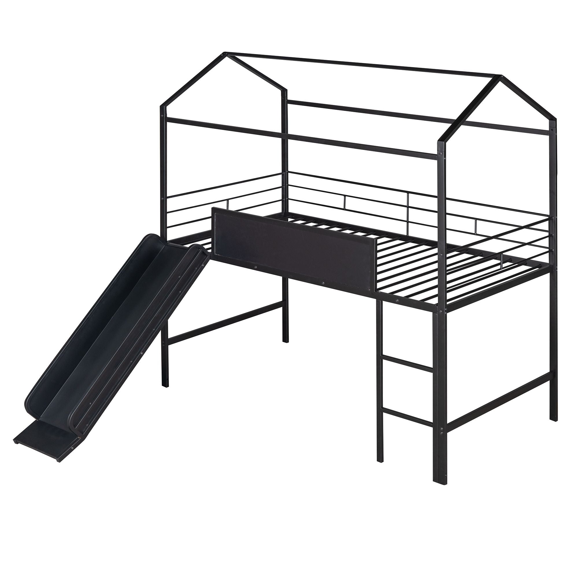 Metal House Bed With Slide; Twin Size Metal Loft Bed with Two-sided writable Wooden Board