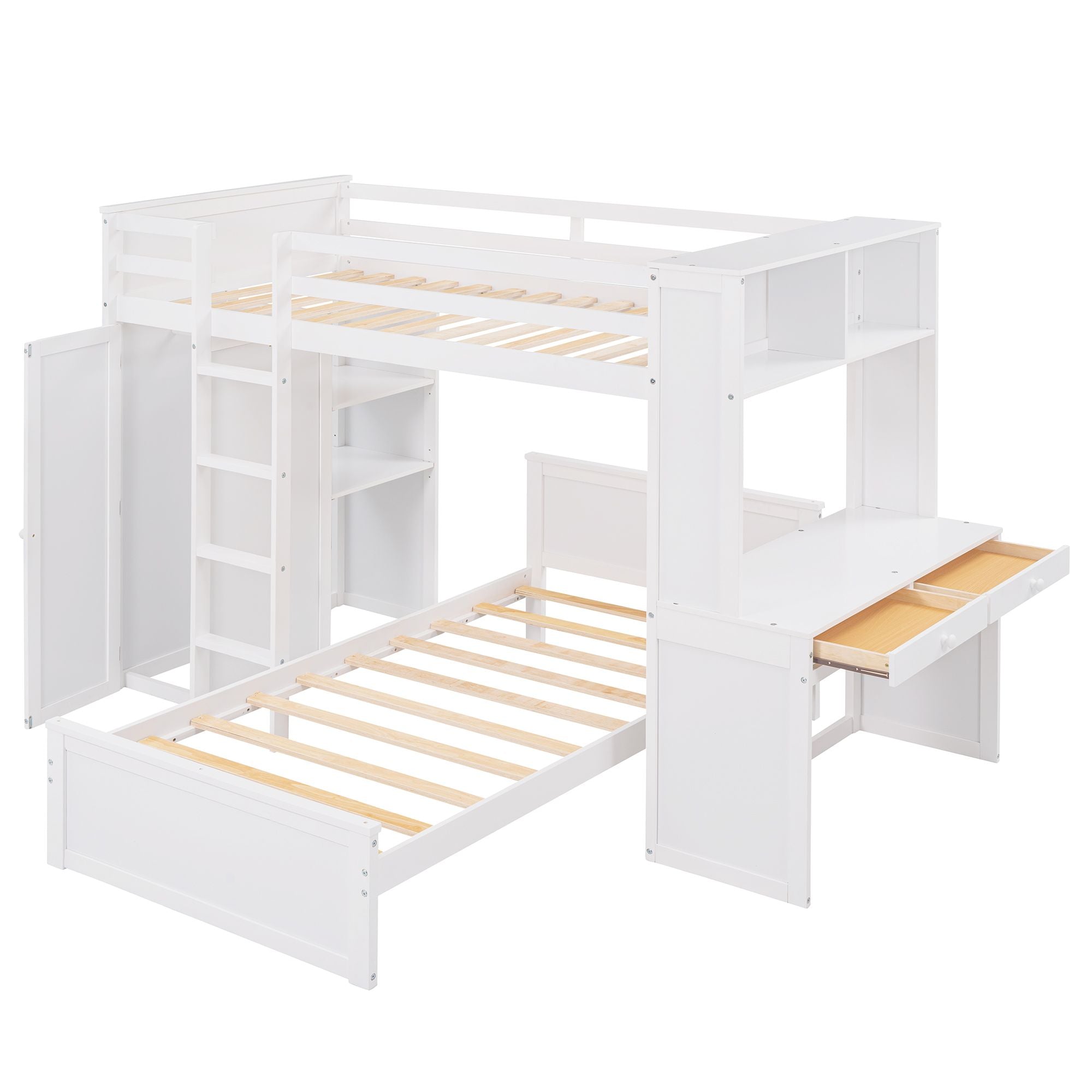 Twin size Loft Bed with a Stand-alone bed; Shelves; Desk; and Wardrobe