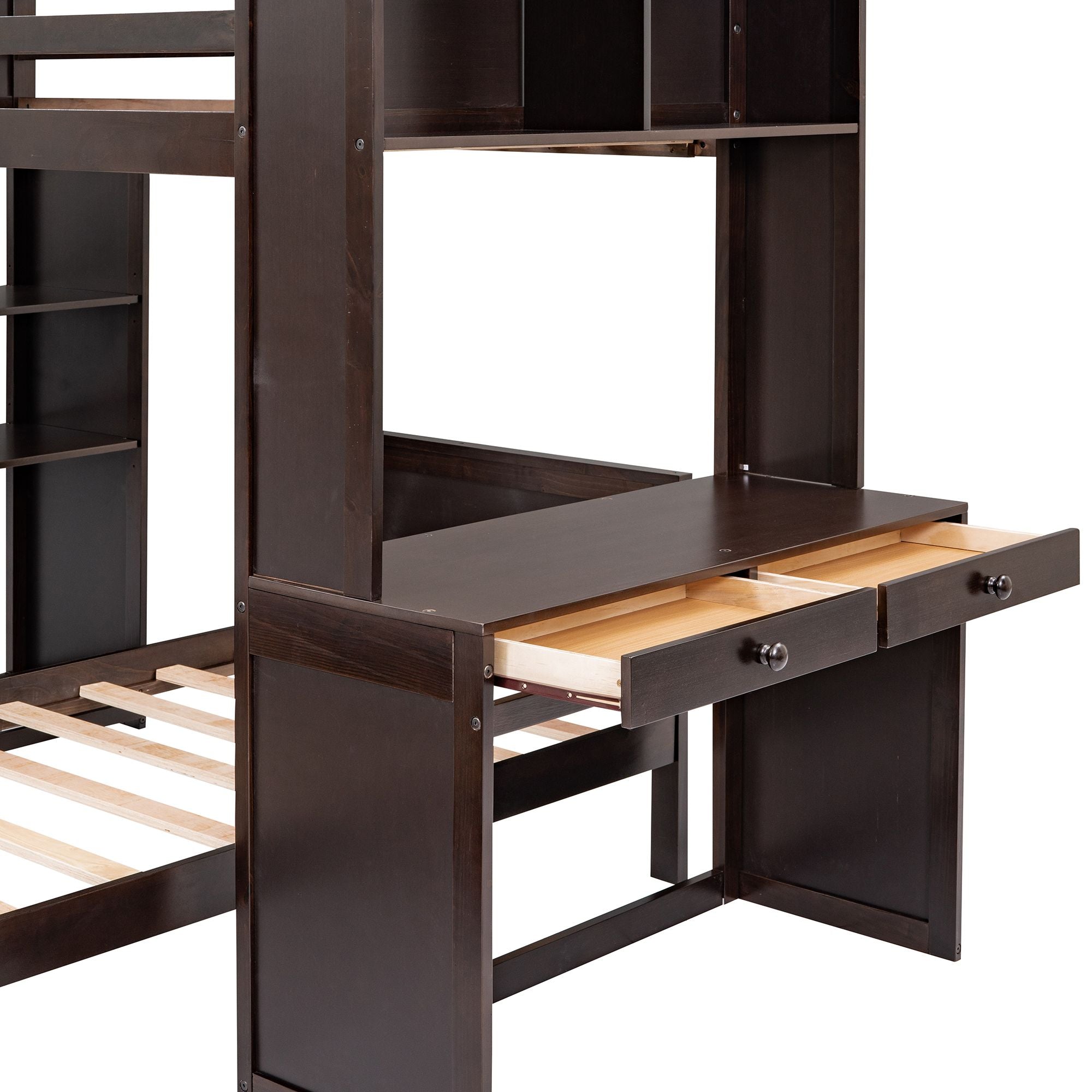 Twin size Loft Bed with a Stand-alone bed; Shelves; Desk; and Wardrobe