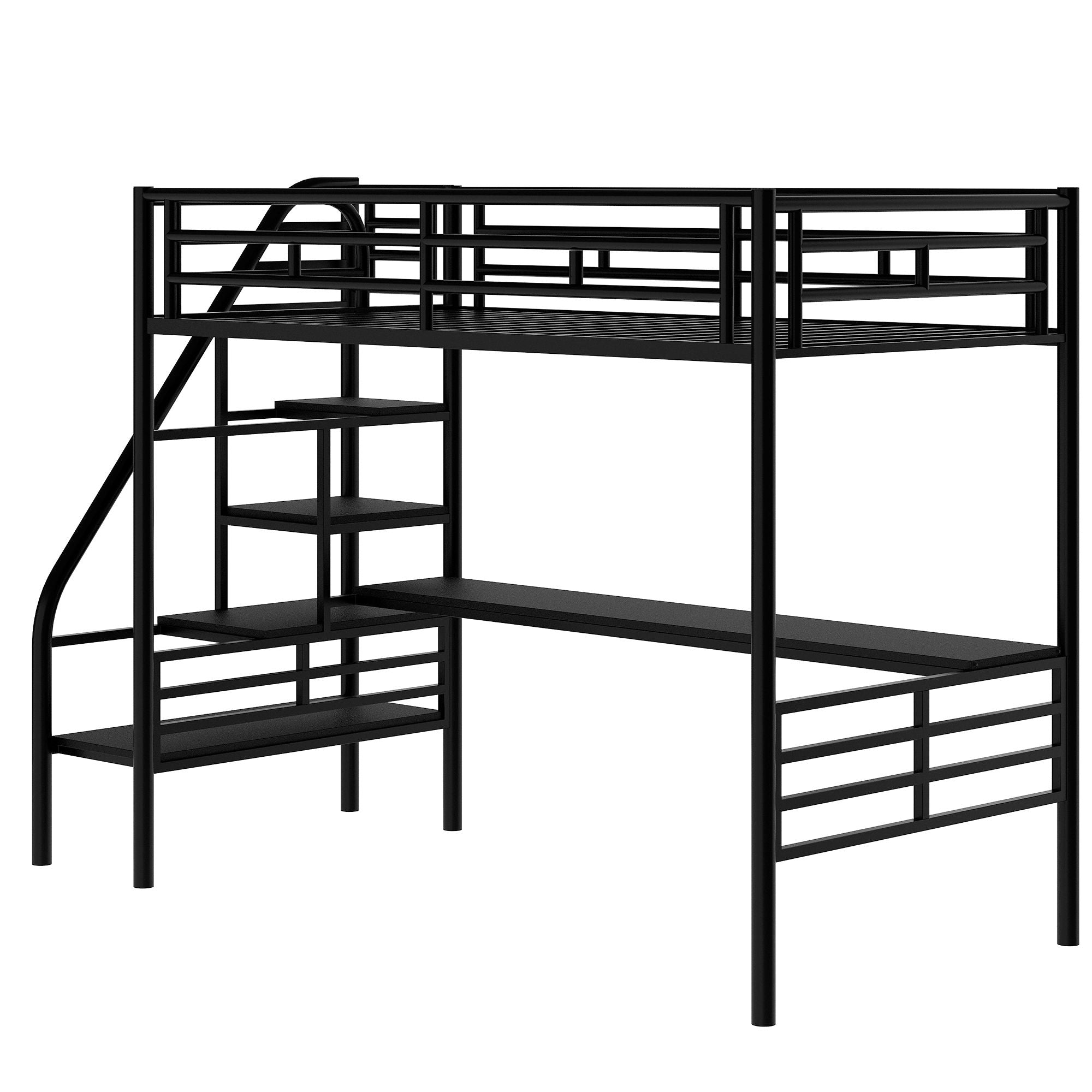 Metal Loft Bed Frame with Desk; No Box Spring Needed; Twin