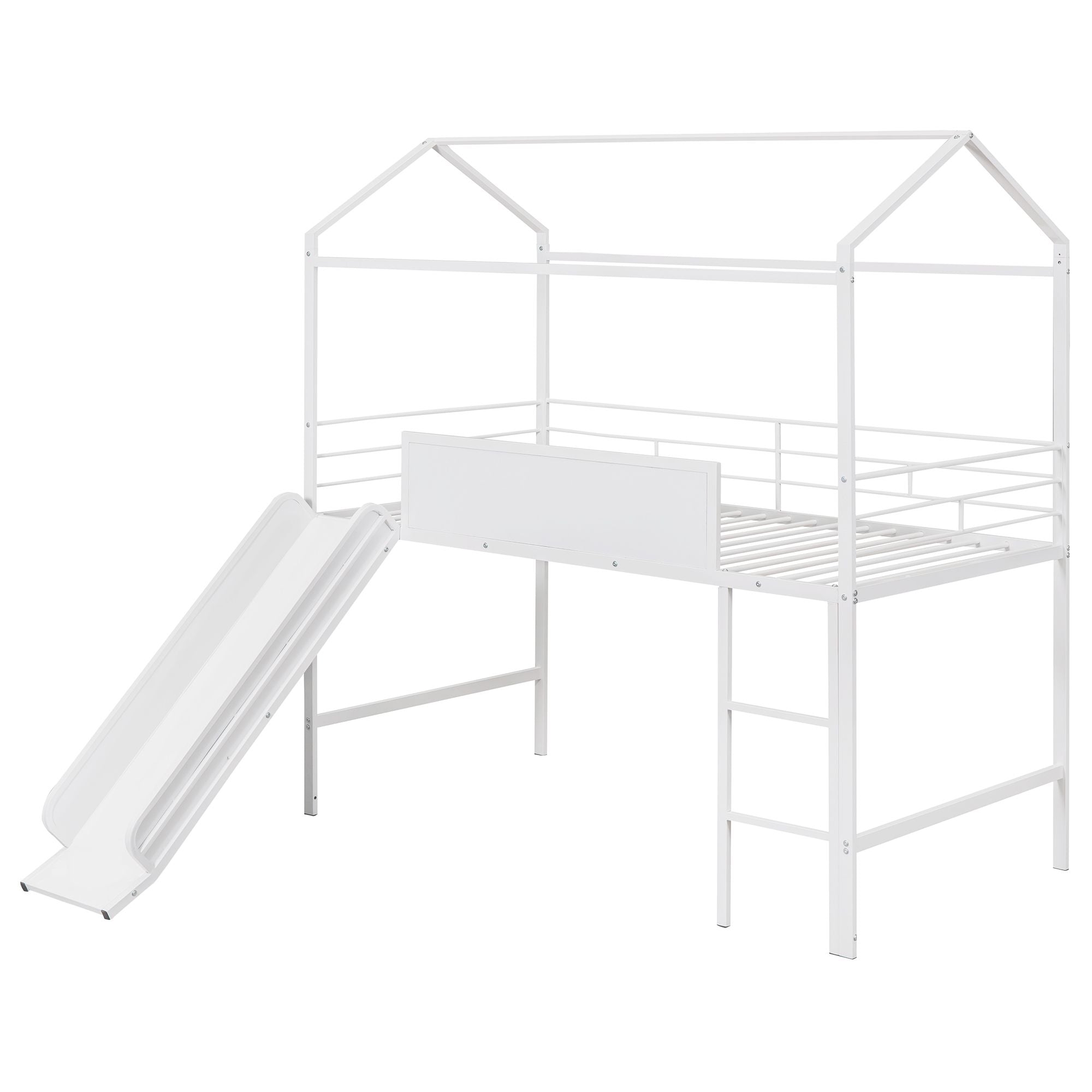 Metal House Bed With Slide; Twin Size Metal Loft Bed with Two-sided writable Wooden Board