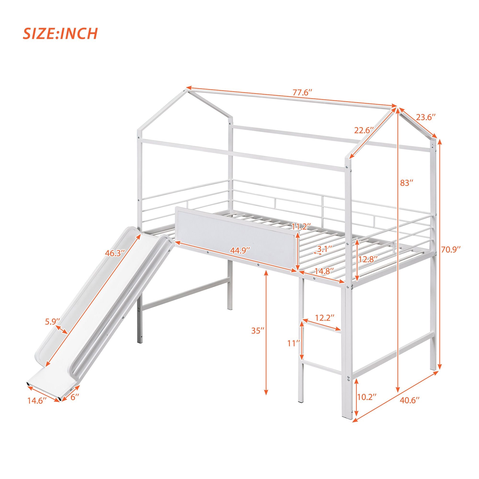 Metal House Bed With Slide; Twin Size Metal Loft Bed with Two-sided writable Wooden Board