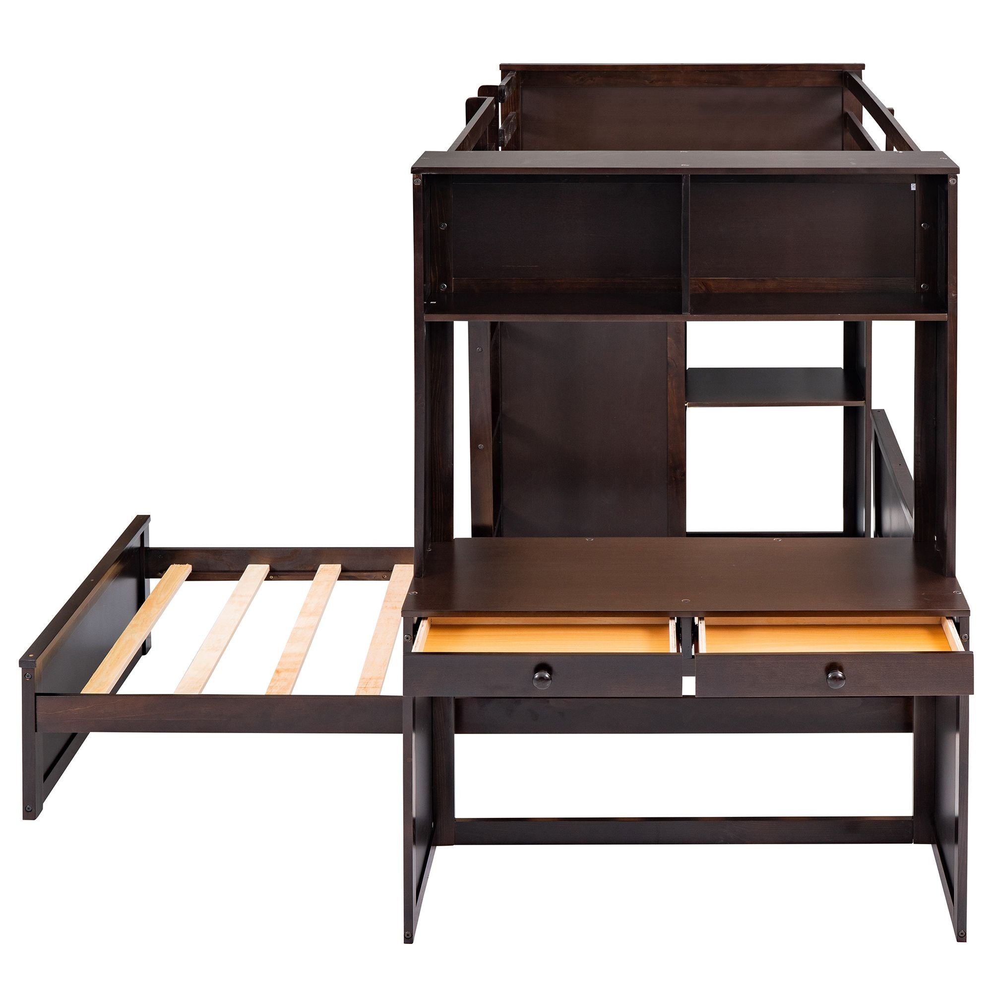 Twin size Loft Bed with a Stand-alone bed; Shelves; Desk; and Wardrobe