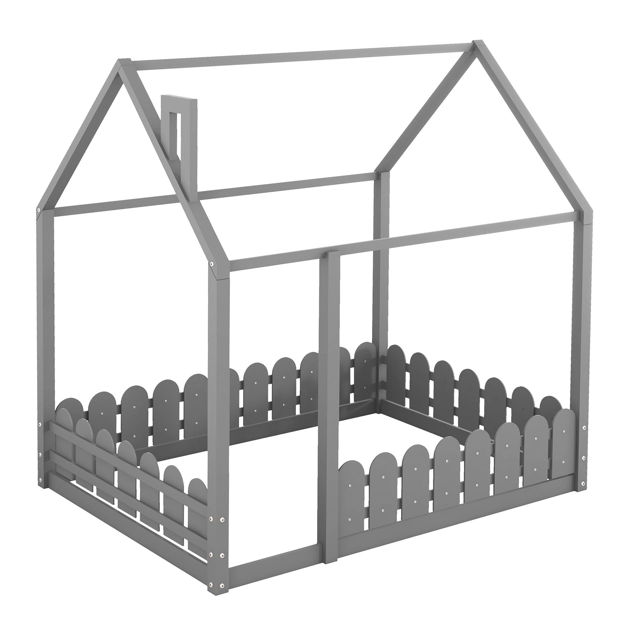(Slats are not included) Full Size Wood Bed House Bed Frame with Fence; for Kids; Teens; Girls; Boys