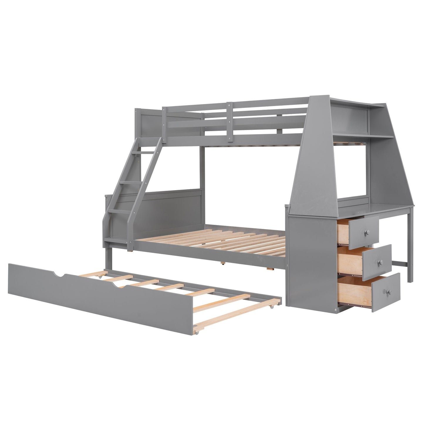 Twin over Full Bunk Bed with Trundle and Built-in Desk; Three Storage Drawers and Shelf