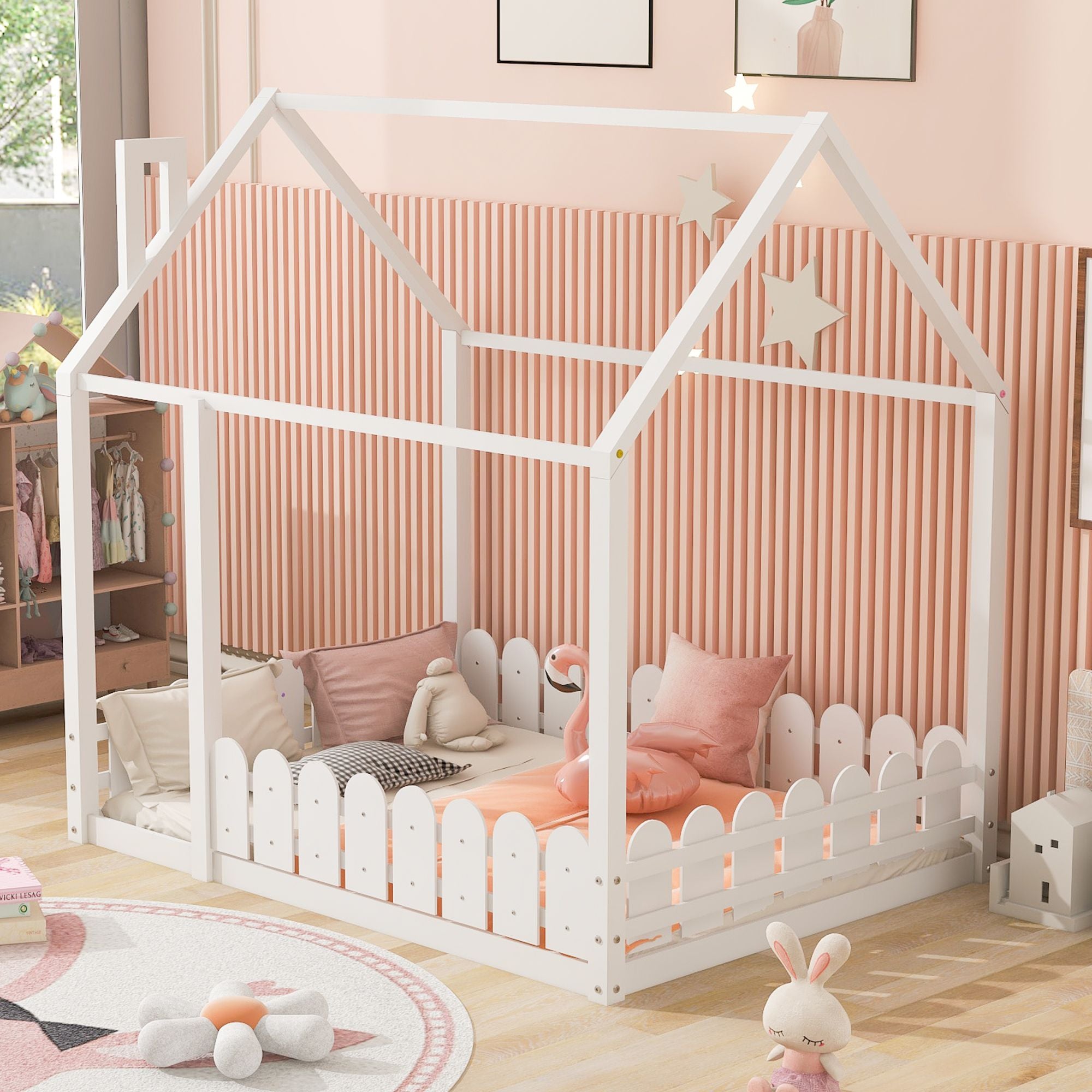 (Slats are not included) Full Size Wood Bed House Bed Frame with Fence; for Kids; Teens; Girls; Boys