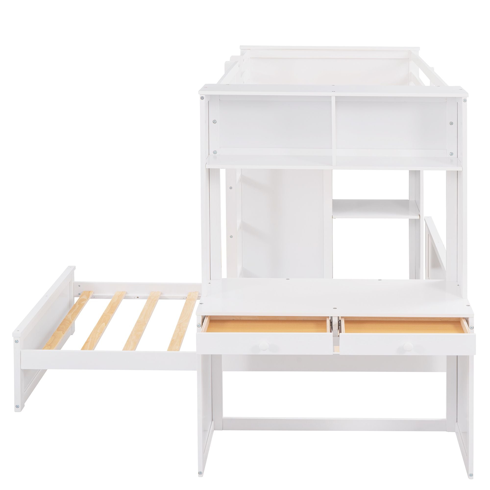 Twin size Loft Bed with a Stand-alone bed; Shelves; Desk; and Wardrobe