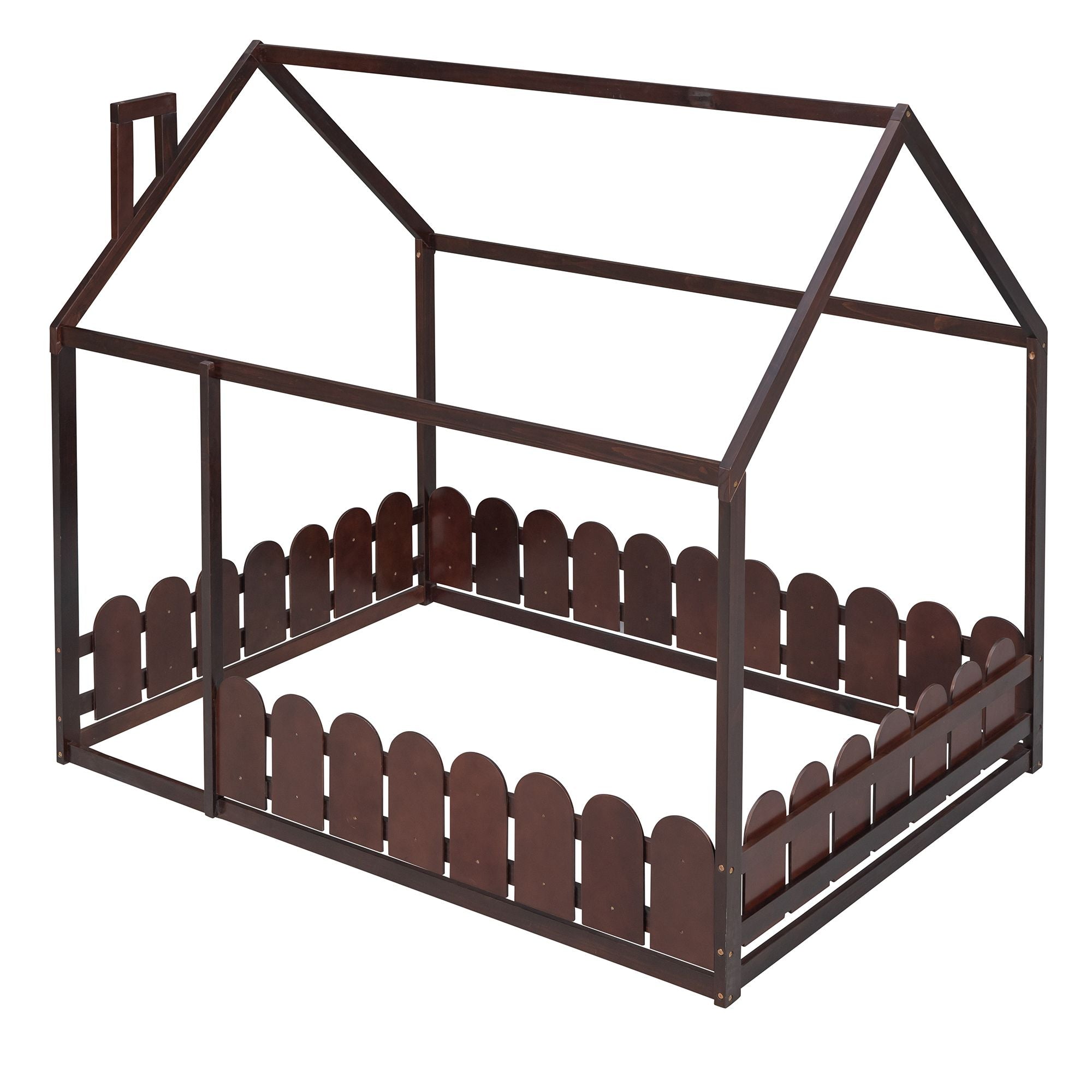(Slats are not included) Full Size Wood Bed House Bed Frame with Fence; for Kids; Teens; Girls; Boys