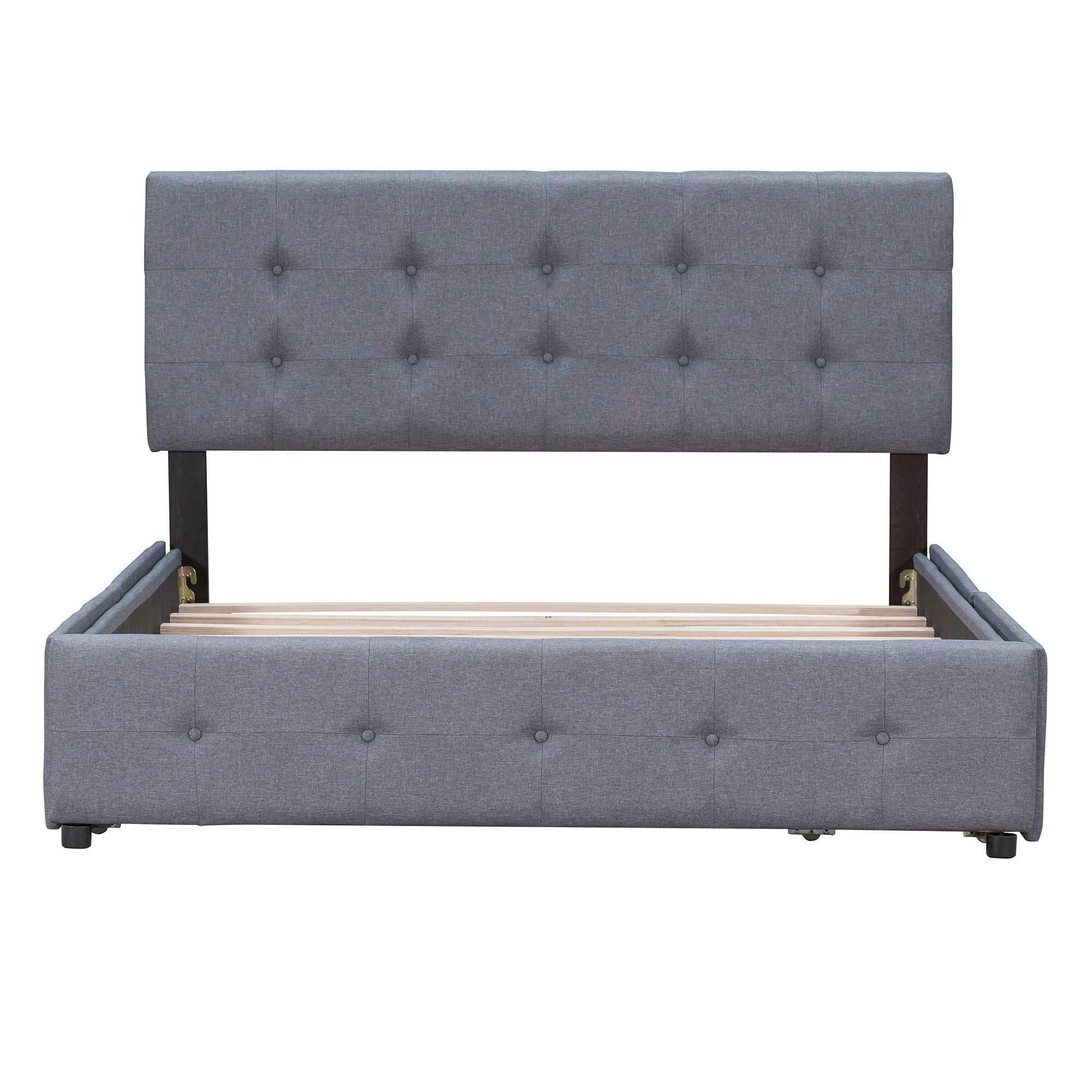 Upholstered Platform Bed with Classic Headboard and 4 Drawers; No Box Spring Needed; Linen Fabric; Queen Size