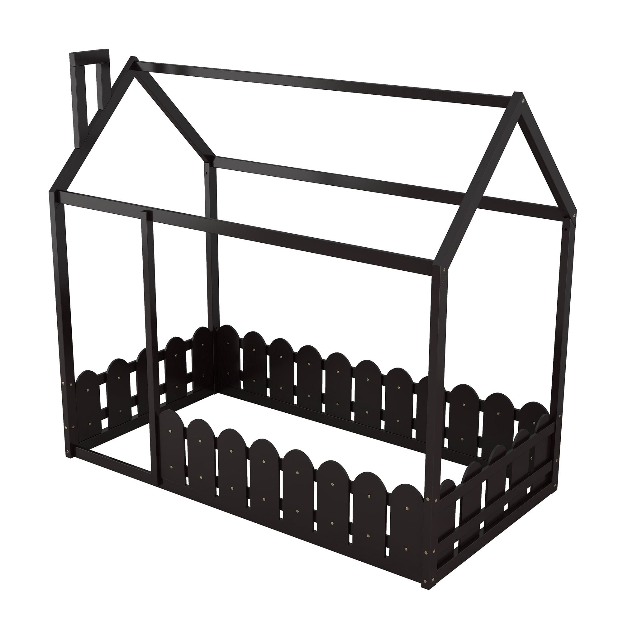 (Slats are not included) Twin Size Wood Bed House Bed Frame with Fence; for Kids; Teens; Girls; Boys