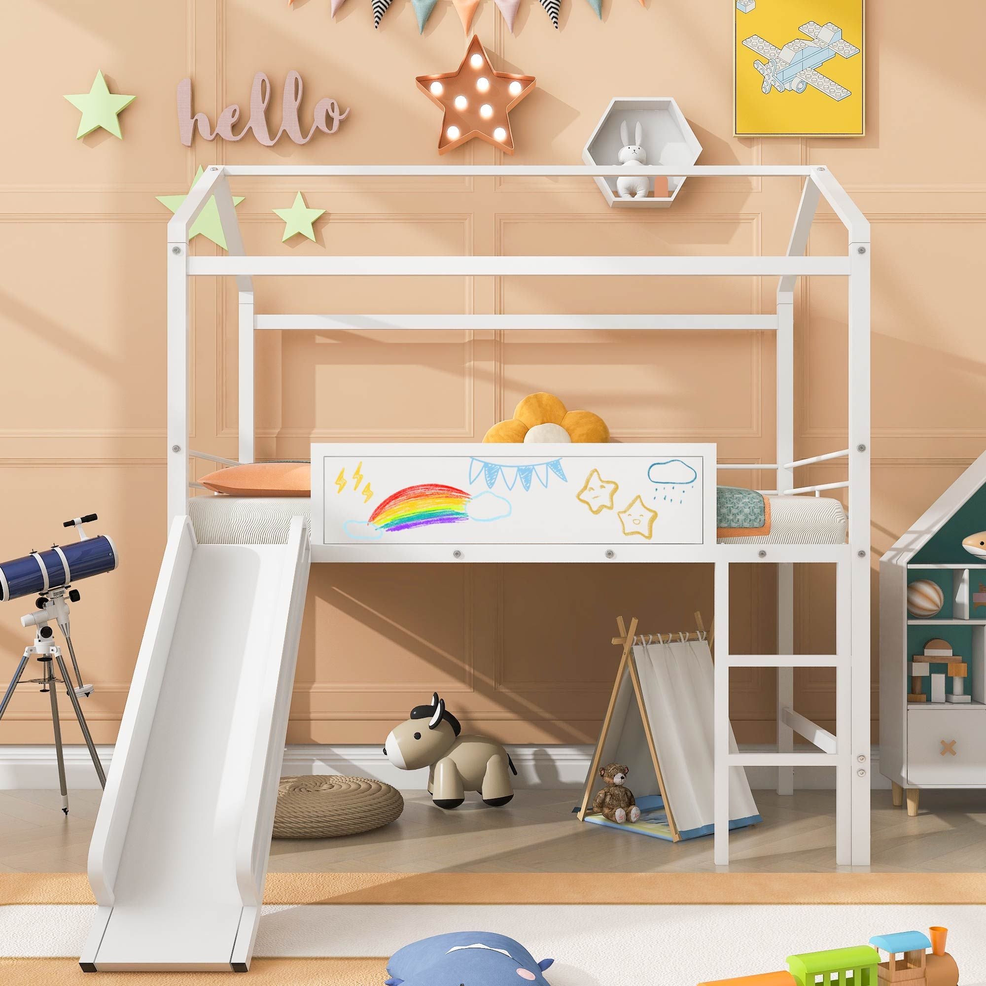 Metal House Bed With Slide; Twin Size Metal Loft Bed with Two-sided writable Wooden Board