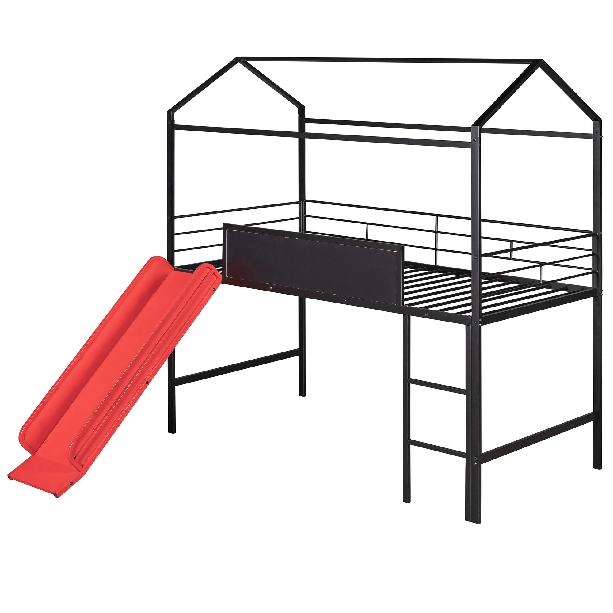Metal House Bed With Slide; Twin Size Metal Loft Bed with Two-sided writable Wooden Board