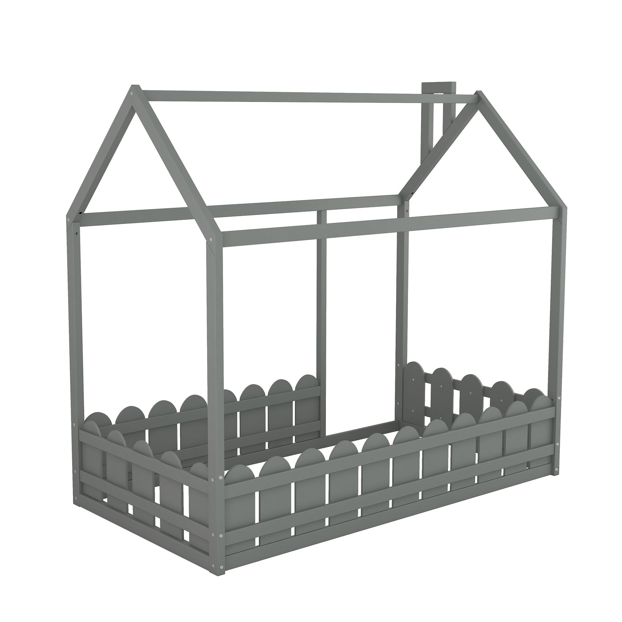 (Slats are not included) Twin Size Wood Bed House Bed Frame with Fence; for Kids; Teens; Girls; Boys